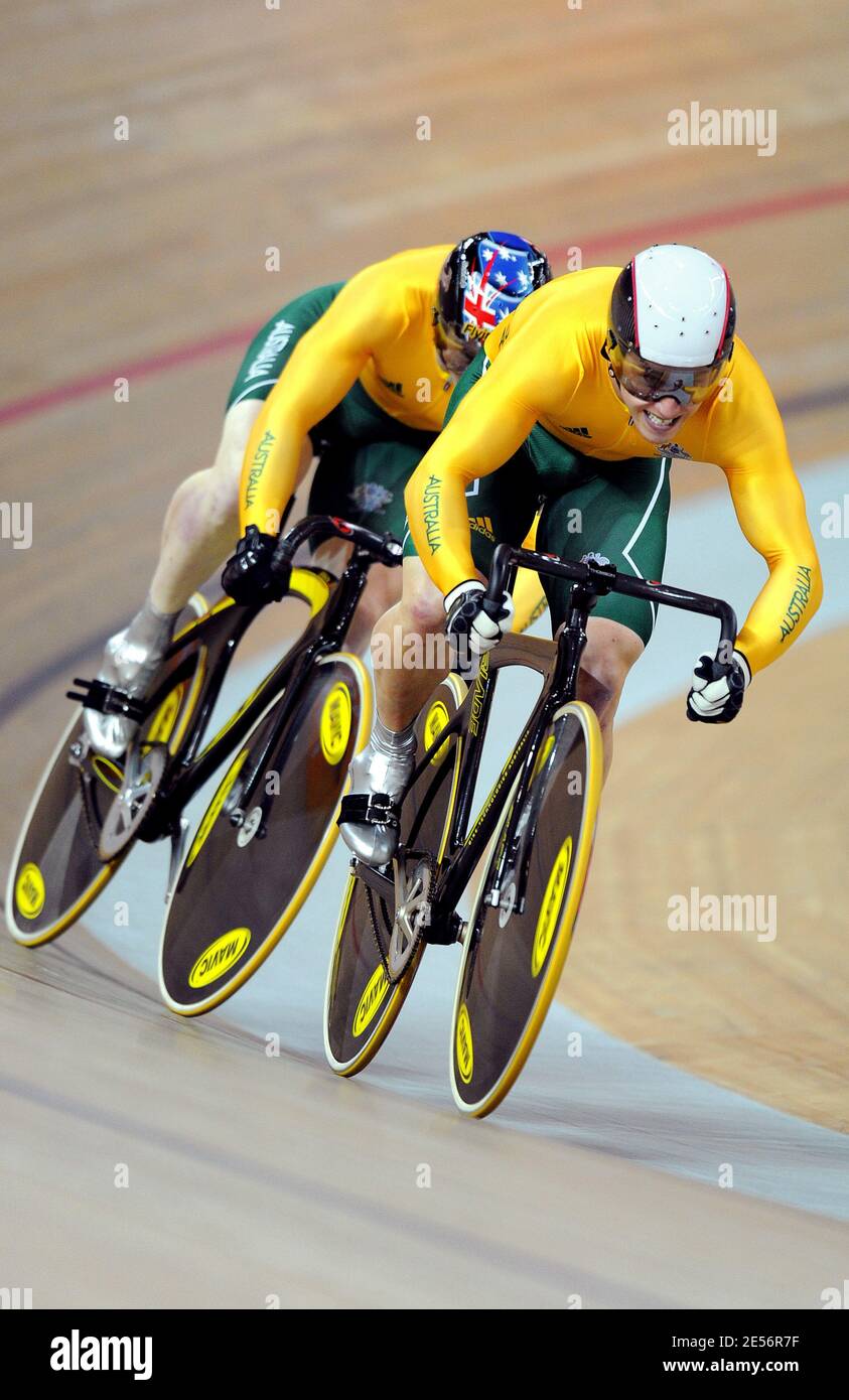 Australia's Daniel Ellis, Mark French and Shane Kelly compete on men's team sprint during the Beijing Olympic Games Day 7 at the Laoshan Velodrome in Beijing, China on August 15, 2008. Photo by Gouhier-Hahn-Nebinger/Cameleon/ABACAPRESS.COM Stock Photo