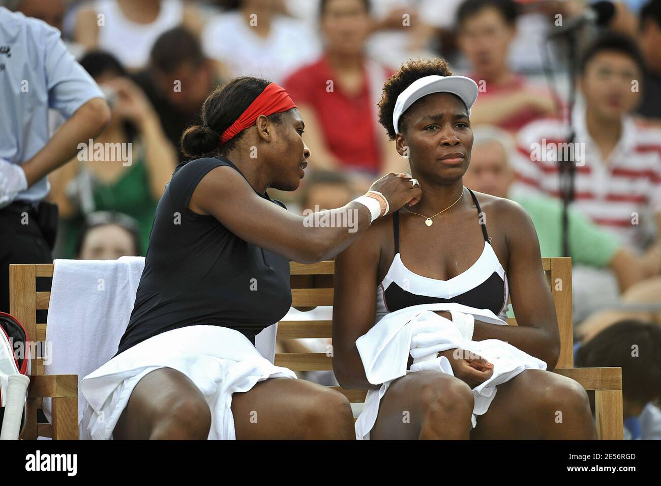 USA's Serena Williams and Venus Williams against Alona Bondarenko and Kateryna Bondarenko of the Ukraine during the women's doubles semifinal at the Olympic Green Tennis Center on Day 8 of the Beijing 2008 Olympic Games on August 16, 2008. Photo by Gouhier/Hahn/Nebinger/ABACAPRESS.COM Stock Photo