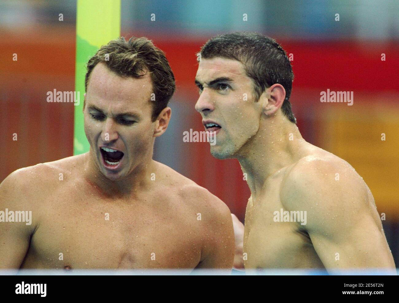 (R-L) Michael Phelps and Aaron Piersol of the United States celebrate after winning gold medals in the Men's 4x100 Medley Relay at the XXIX Beijing Olympic Games Day 9 at the National Aquatic Center in Beijing, China on August 17, 2008. Photo by Gouhier-Hahn-Nebinger/Cameleon/ABACAPRESS.COM Stock Photo