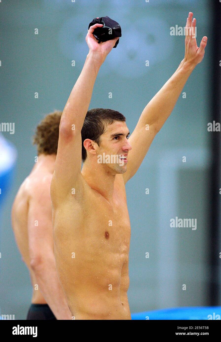 Michael Phelps of the United States celebrates after winning gold medals in the Men's 4x100 Medley Relay at the XXIX Beijing Olympic Games Day 9 at the National Aquatic Center in Beijing, China on August 17, 2008. Photo by Gouhier-Hahn-Nebinger/Cameleon/ABACAPRESS.COM Stock Photo