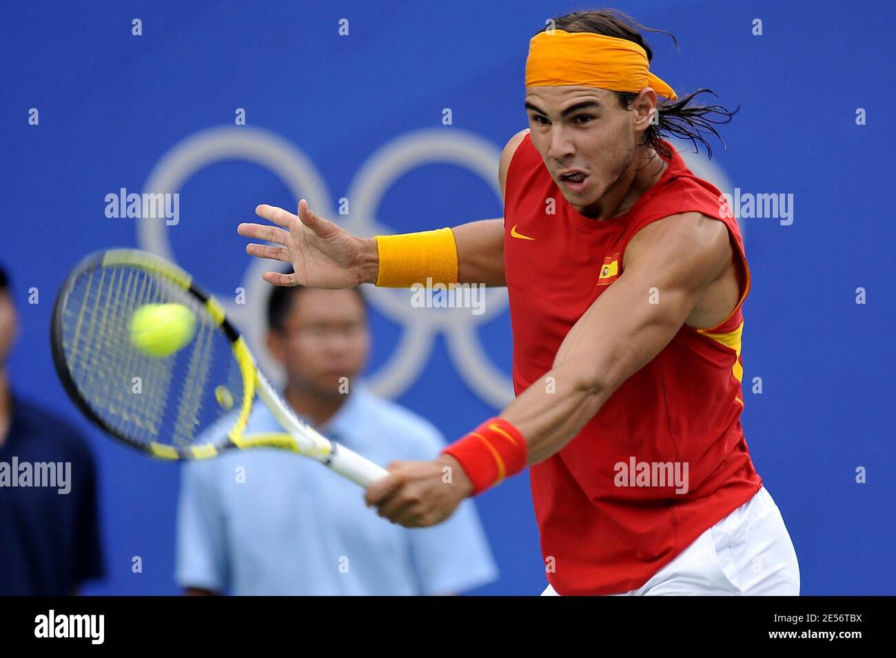 Spain's Rafael Nadal defeats, 6-3, 7-6, 6-3, Chile's Fernando Gonzalez in  their Men's Gold Final Tennis match of the Beijing 2008 Olympic Games Day 9  at the Olympic Green Tennis Center in