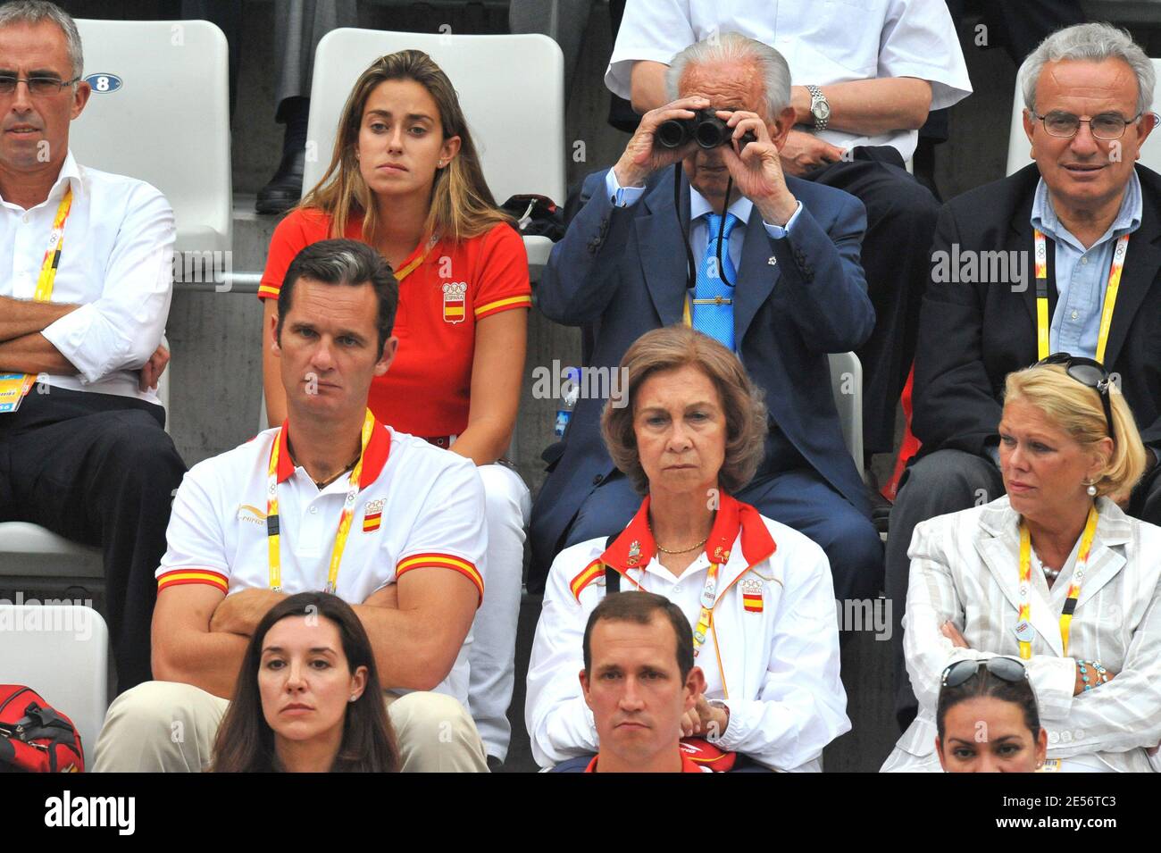 Spain's Queen Sofia, Princess Cristina of Spain with her husband Inaki Urdangarin, Bruno Gomez Acebo of Borbon and his girlfriend Barbara Cano De La Plaza, Juan Antonio Samaranch and Grand Duke Henri of Luxembourg attend the Men's Final tennis match, Spain's Rafael Nadal vs Chile's Fernando Gonzalez at the Olympic Green Tennis Center on Day 9 of the Beijing 2008 on August 17, 2008. Photo by Jean-Michel Psaila/Cameleon/ABACAPRESS.COM Stock Photo