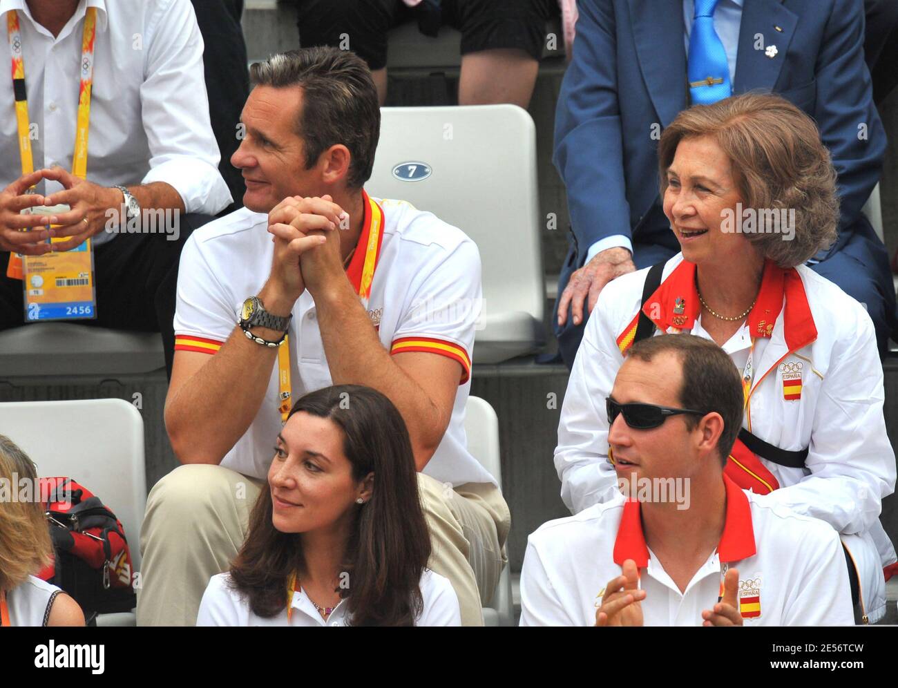 Spain's Queen Sofia, Princess Cristina of Spain with her husband Inaki Urdangarin, Bruno Gomez Acebo of Borbon and his girlfriend Barbara Cano De La Plaza, Juan Antonio Samaranch and Grand Duke Henri of Luxembourg attend the Men's Final tennis match, Spain's Rafael Nadal vs Chile's Fernando Gonzalez at the Olympic Green Tennis Center on Day 9 of the Beijing 2008 on August 17, 2008. Photo by Jean-Michel Psaila/Cameleon/ABACAPRESS.COM Stock Photo