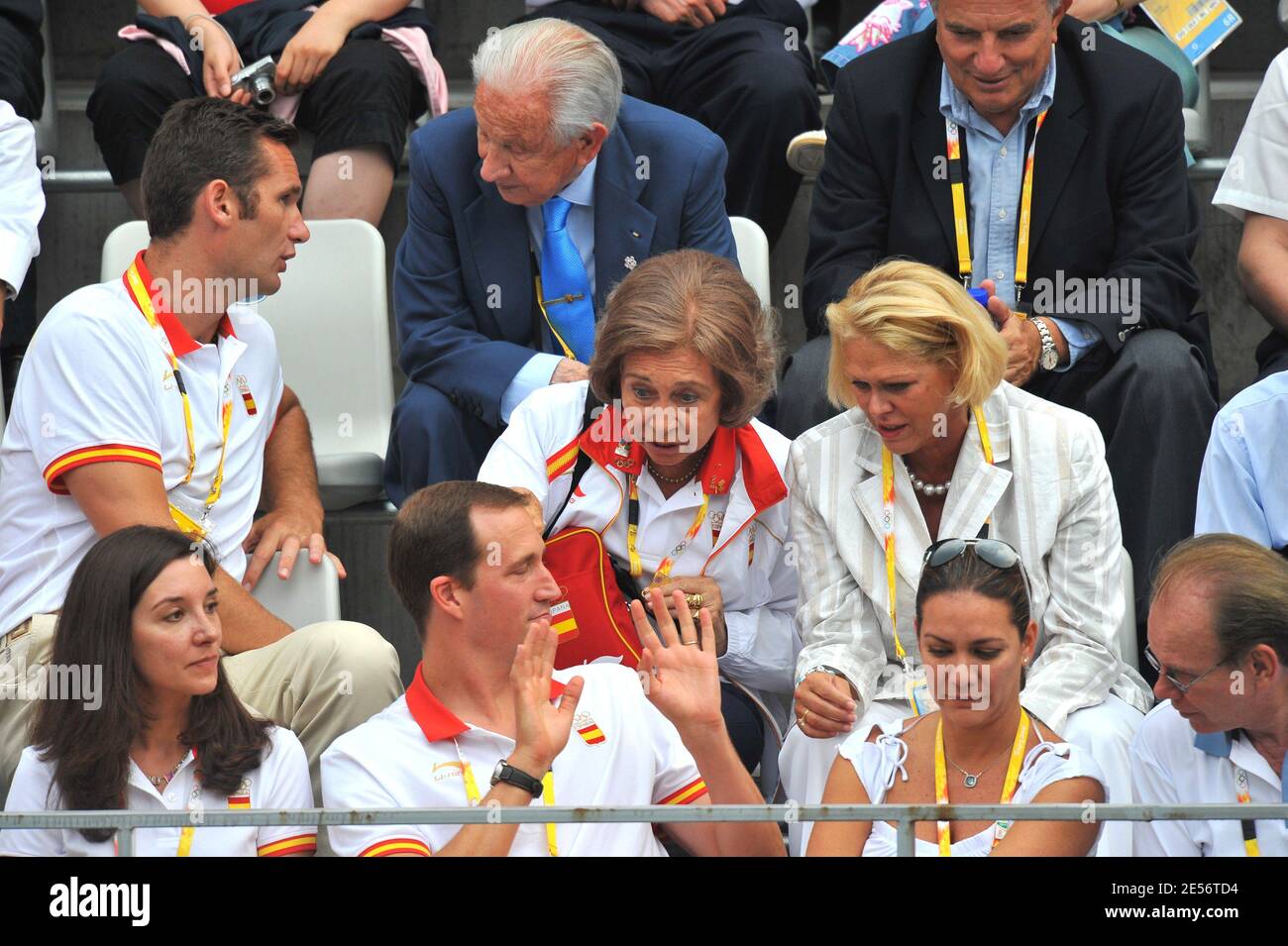 Spain's Queen Sofia, Princess Cristina of Spain with her husband Inaki Urdangarin, Bruno Gomez Acebo of Borbon and his girlfriend Barbara Cano De La Plaza, Juan Antonio Samaranch and Grand Duke Henri of Luxembourg attend the Men's Final tennis match, Spain's Rafael Nadal vs Chile's Fernando Gonzalez at the Olympic Green Tennis Center on Day 9 of the Beijing 2008 on August 17, 2008. Photo by Jean-Michel Psaila/Cameleon/ABACAPRESS.COM Stock Photo