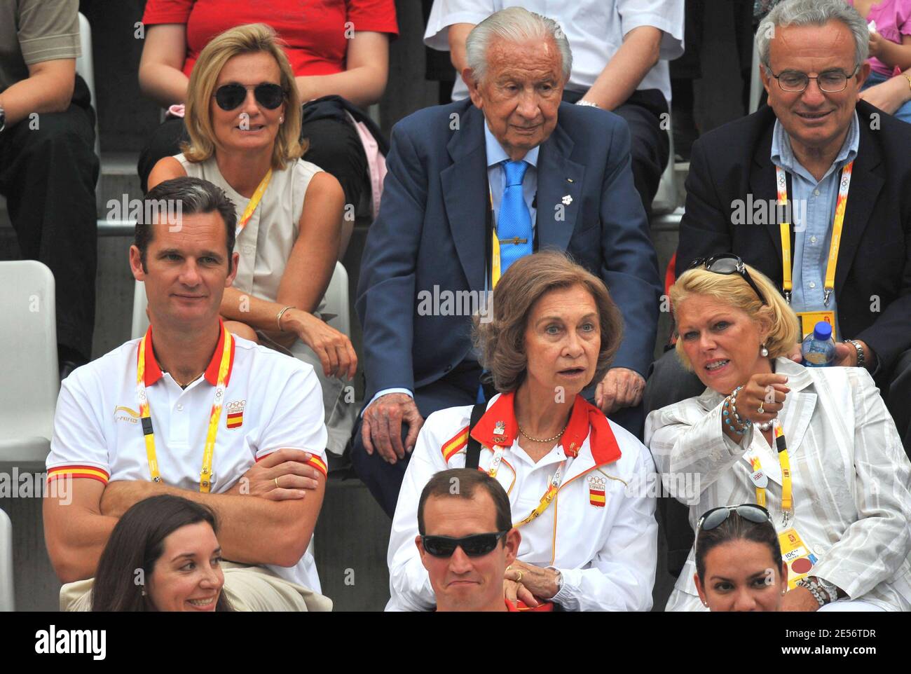 Spain's Queen Sofia, Princess Cristina of Spain with her husband Inaki Urdangarin, Bruno Gomez Acebo of Borbon and his girlfriend Barbara Cano De La Plaza, Juan Antonio Samaranch and Grand Duke Henri of Luxembourg attend the Men's Final tennis match, Spain's Rafael Nadal vs Chile's Fernando Gonzalez at the Olympic Green Tennis Center on Day 9 of the Beijing 2008 on August 17, 2008. Photo by Jean-Michel Psaila/Cameleon/ABACAPRESS.COM Stock Photo