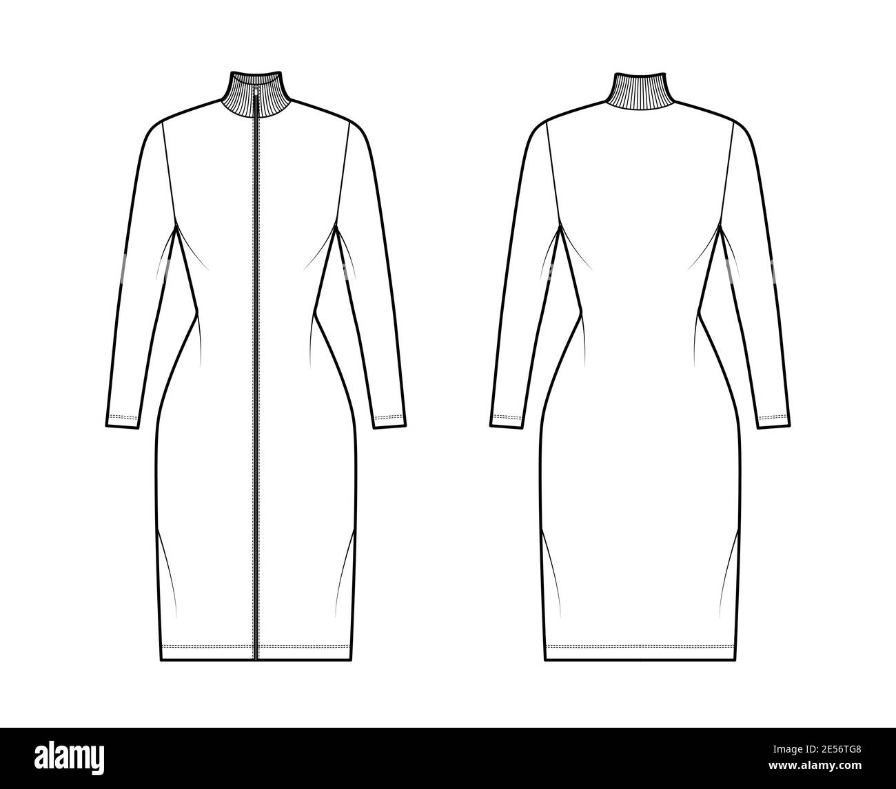 Turtleneck zip-up dress technical fashion illustration with long sleeves, knee length, fitted body, Pencil fullness. Flat apparel template front, back, white, grey color. Women, men, unisex CAD mockup Stock Vector