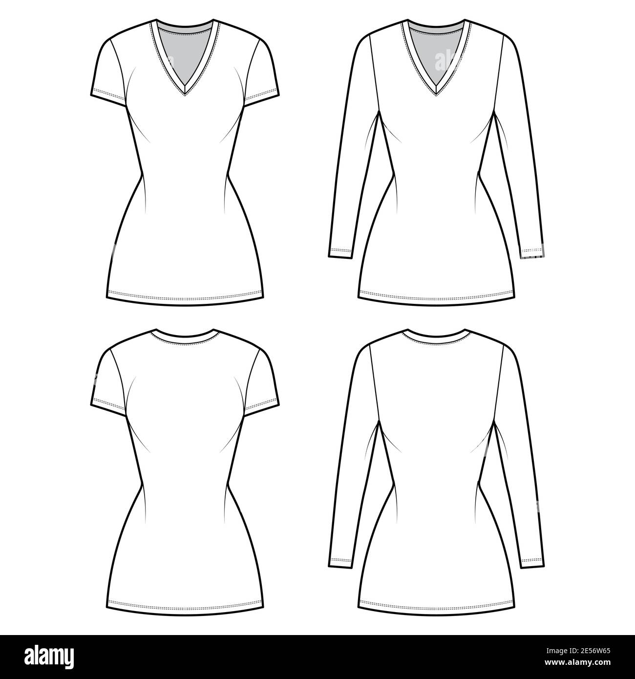T-shirt dress technical fashion illustration with V-neck, long, short sleeves, mini length, fitted body, Pencil fullness. Flat apparel template front, back, white, grey color. Women, men CAD mockup Stock Vector