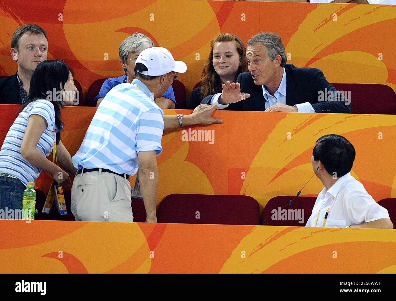 Former prime minister Tony Blair with Daughter Kathryn (L), Wife's mother Gail Booth and his son Leo support UK Cyclist team during the Beijing Olympic Games 2008, China on August 19, 2008. Photo by Gouhier-Hahn-Nebinger/ABACAPRESS.COM Stock Photo