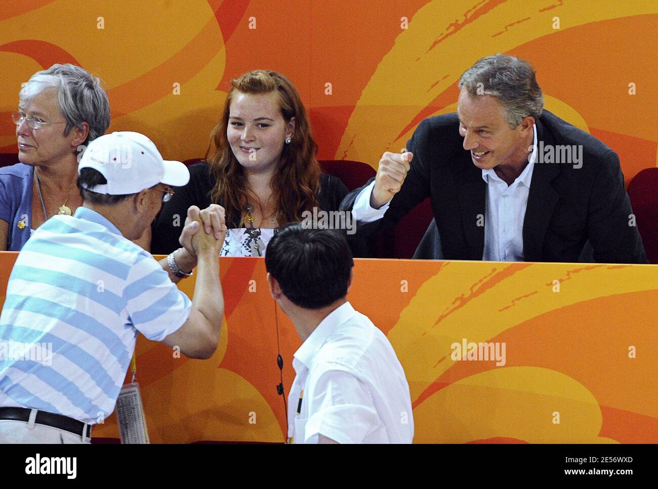 Former prime minister Tony Blair with Daughter Kathryn (L), Wife's mother Gail Booth and his son Leo support UK Cyclist team during the Beijing Olympic Games 2008, China on August 19, 2008. Photo by Gouhier-Hahn-Nebinger/ABACAPRESS.COM Stock Photo