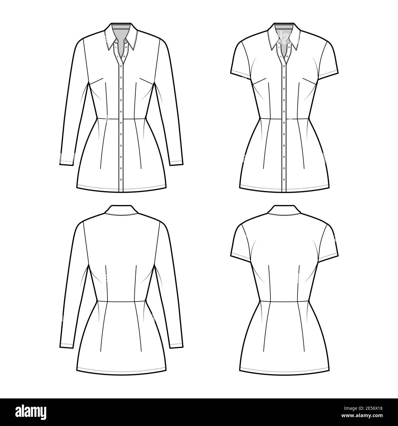 Shirt dress technical fashion illustration with classic regular collar