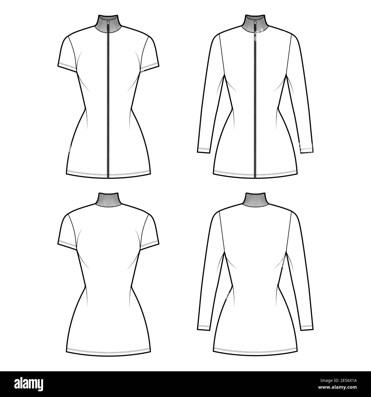 Turtleneck zip-up dress technical fashion illustration with long, short sleeves, mini length, fitted body, Pencil fullness. Flat apparel template front, back, white color. Women, men unisex CAD mockup Stock Vector