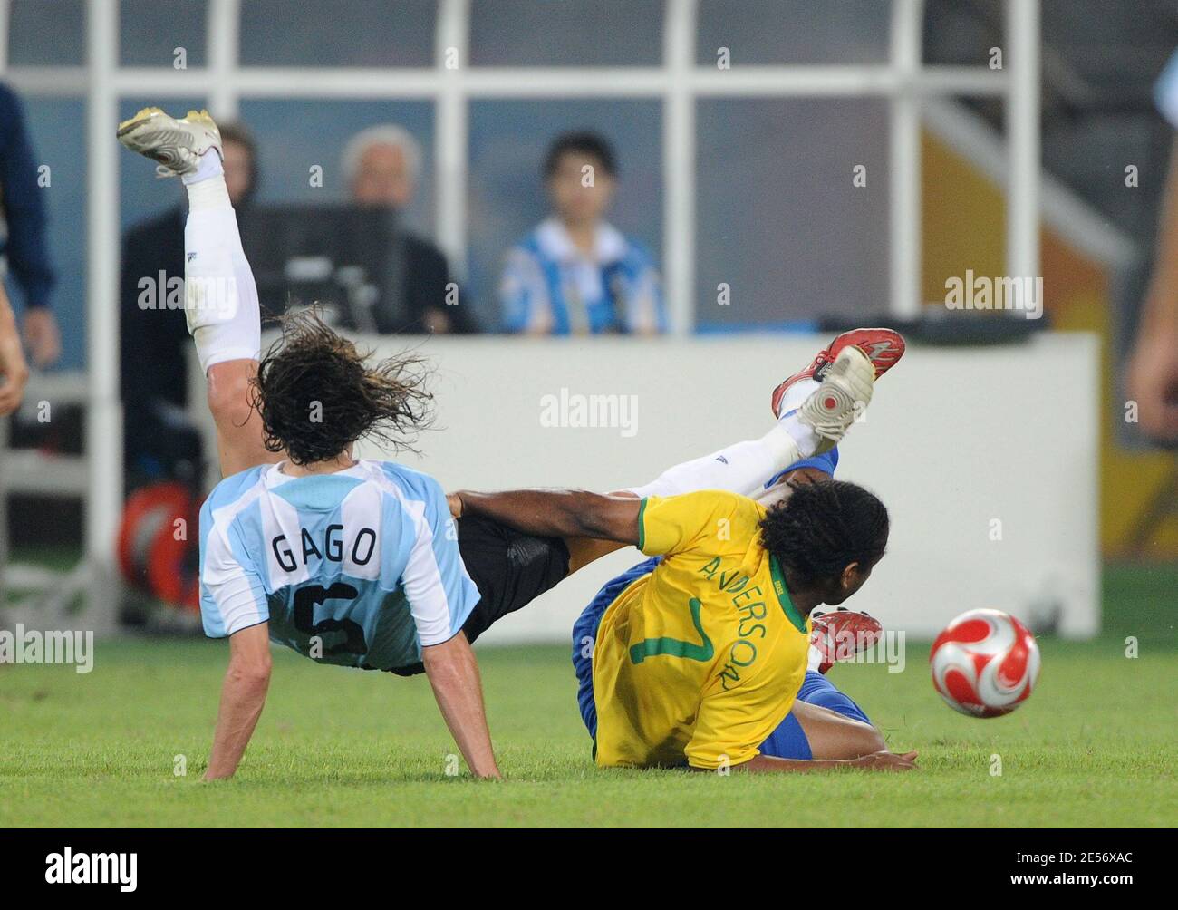 Argentina's Fernando Gago is tackled by Brazil's Anderson during the football semi-final match held at the Worker's Stadium for the 2008 Beijing Olympics, August 19, 2008. Argentina defeats Brazil 3-0. Photo by Gouhier-Hahn-Nebinger/Cameleon/ABACAPRESS.COM Stock Photo