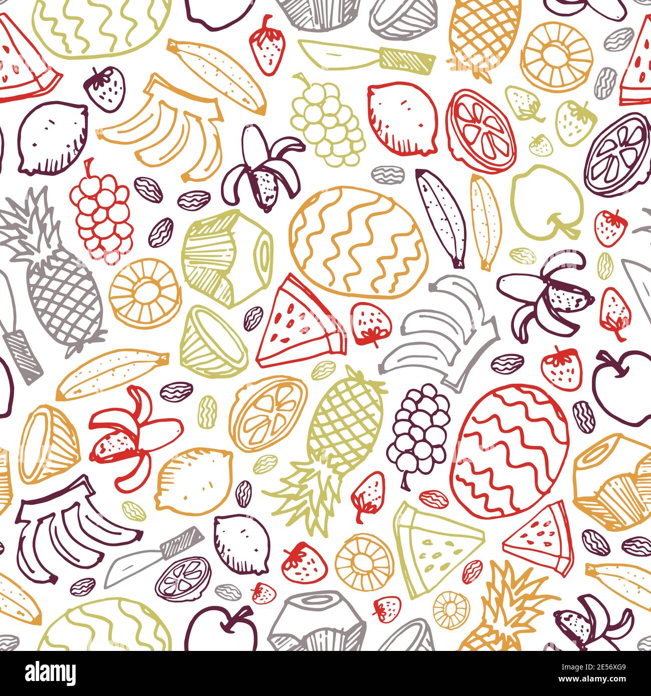 Vector white fruits hand drawn doodle repeat pattern with pineapple,  watermelon, dates, strawberry, coconut. Perfect for fabric, scrapbooking  and Stock Vector Image & Art - Alamy