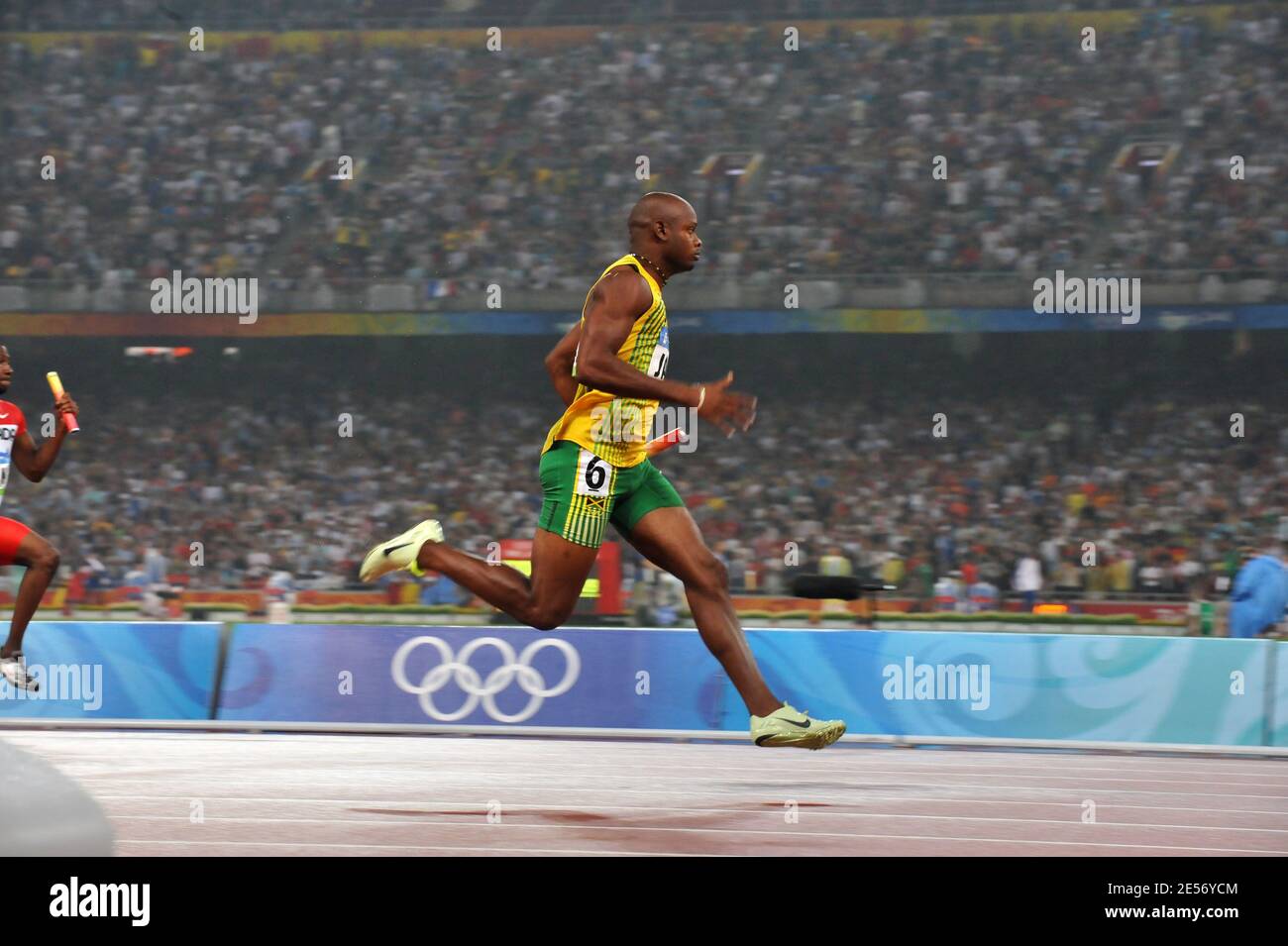 Team of Jamaica with Usain Bolt competes on men's 4x100 meters relay of the Beijing 2008 Olympic Games on Day 13 at the National Stadium in Beijing, China on August 21, 2008. Photo by Gouhier-Hahn-Nebinger/Cameleon/ABACAPRESS.COM Stock Photo