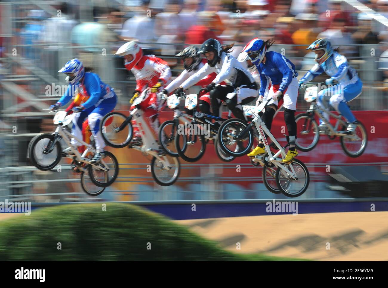 France's Anne-Caroline Chausson rides in the Women's BMX Semfinal of the  Beijing 2008 Olympic Games Day 14 at the Laoshan Bicycle Moto Cross (BMX)  Venue in Beijing, China on August 22, 2008.