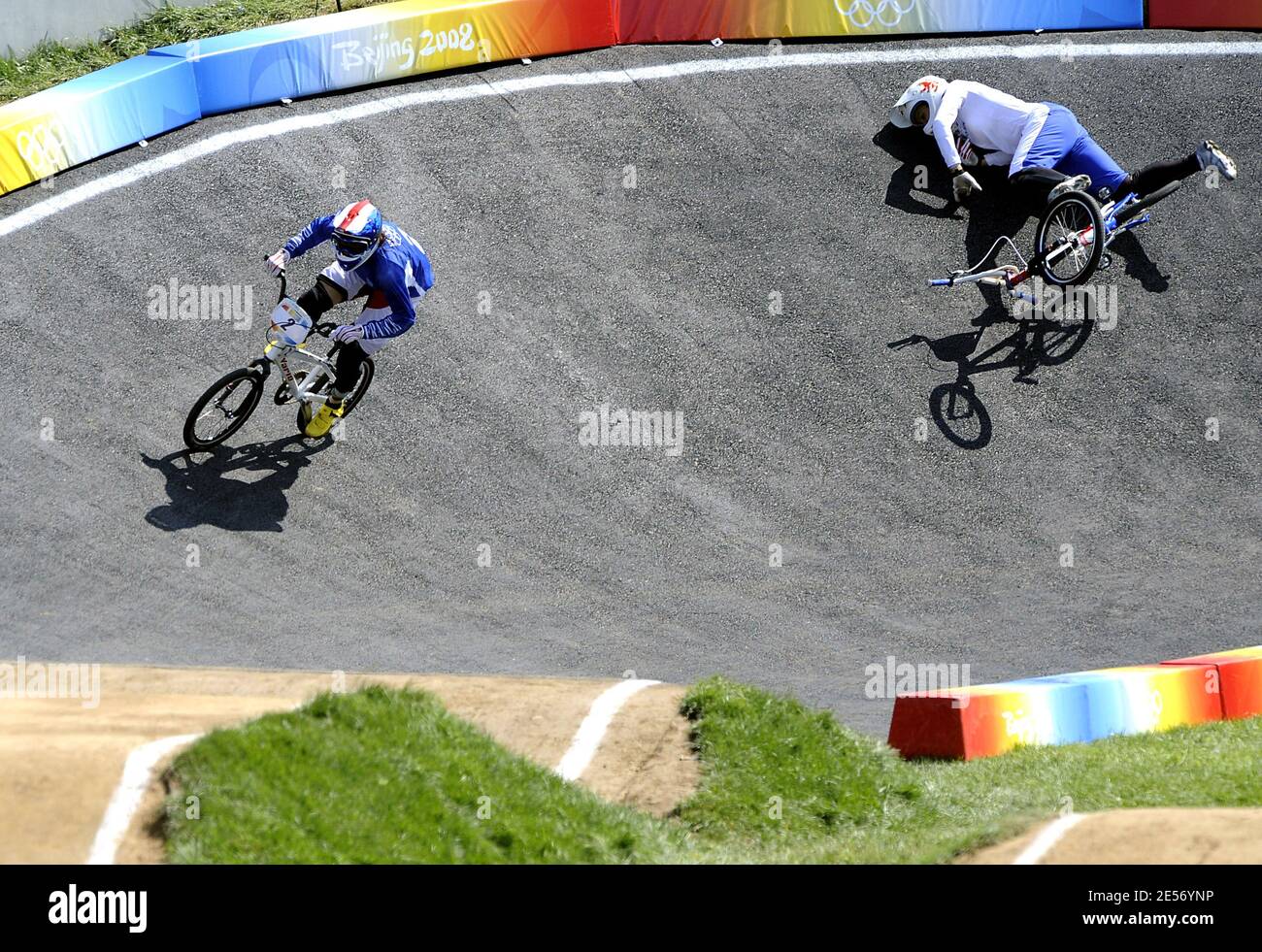 Great Britain's Shanaze Reade crashes as France's Anne-Caroline Chausson  races in the Women's BMX Final of the Beijing 2008 Olympic Games Day 14 at  the Laoshan Bicycle Moto Cross (BMX) Venue in