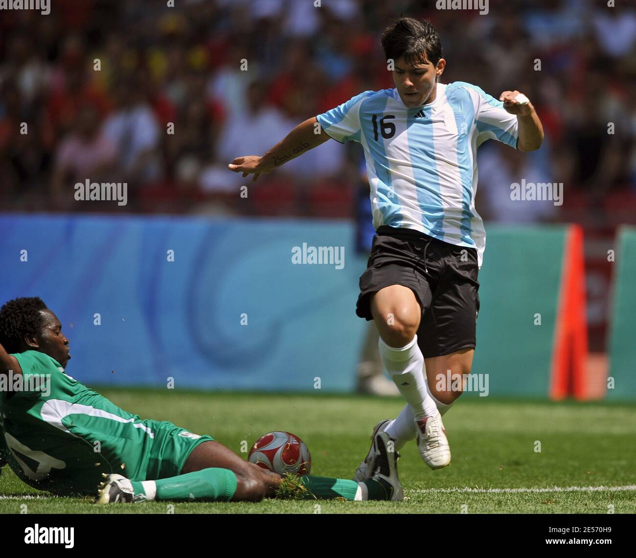 Argentina's Sergio Aguero during the Men's Gold Medal football match between Nigeria and Argentina of Beijing 2008 Olympic Games on Day 15 at the National Stadium in Beijing, China on August 23, 2008. Argentina won 1-0. Photo by Gouhier-Hahn/Cameeon/ABACAPRESS.COM Stock Photo