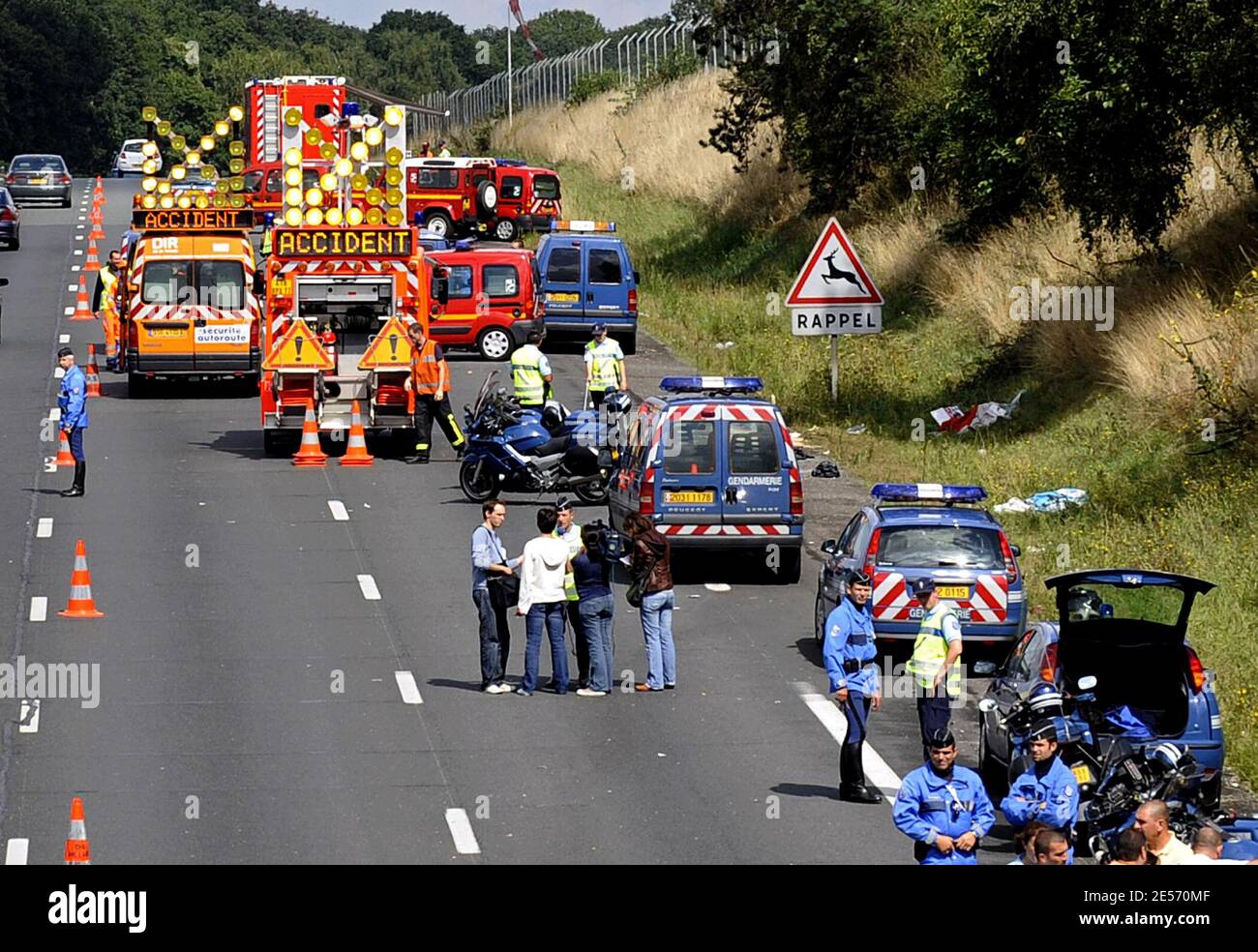 OM supporters car carrying 47 passengers crashed, for a still unknow  reason, just outside Fontainebleau, into a bridge post 70 kilometres south  of Paris, France, on August 23, 2008. Two Marseille fans