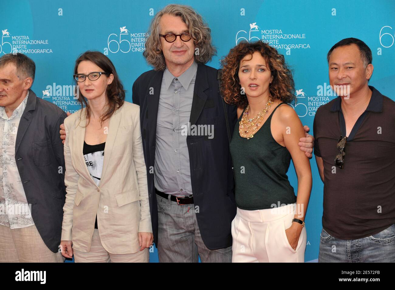 Jury Members of the 65th Mostra Venice International Film Festival, (L-R) Juriy Arabov, Lucrecia Martel, president Wim Wenders, Valeria Golino and Johnnie To pose at a photocall at Venice Lido, Italy on August 27, 2008, ahead of the opening ceremony to be held this evening. Photo by Thierry Orban/ABACAPRESS/COM Stock Photo
