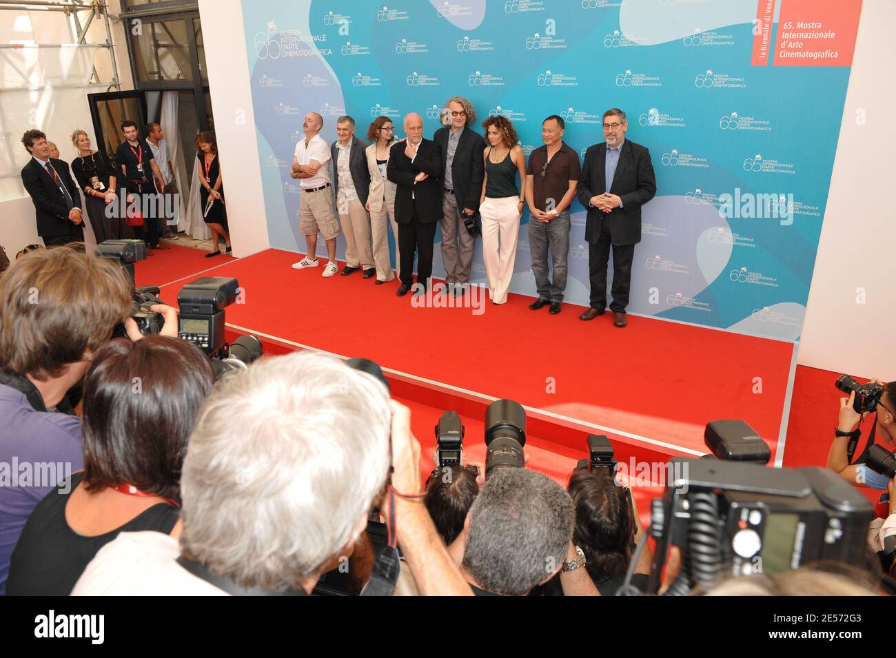 Director of the Festival Marco Muller (4th L) poses with Jury Members of the 65th Mostra Venice International Film Festival, (L-R) Douglas Gordon, Yuri Arabov, Lucrecia Martel, president Wim Wenders, Valeria Golino, Johnnie To and John Landis at a photocall at Venice Lido, Italy on August 27, 2008, ahead of the opening ceremony to be held this evening. Photo by Thierry Orban/ABACAPRESS/COM Stock Photo