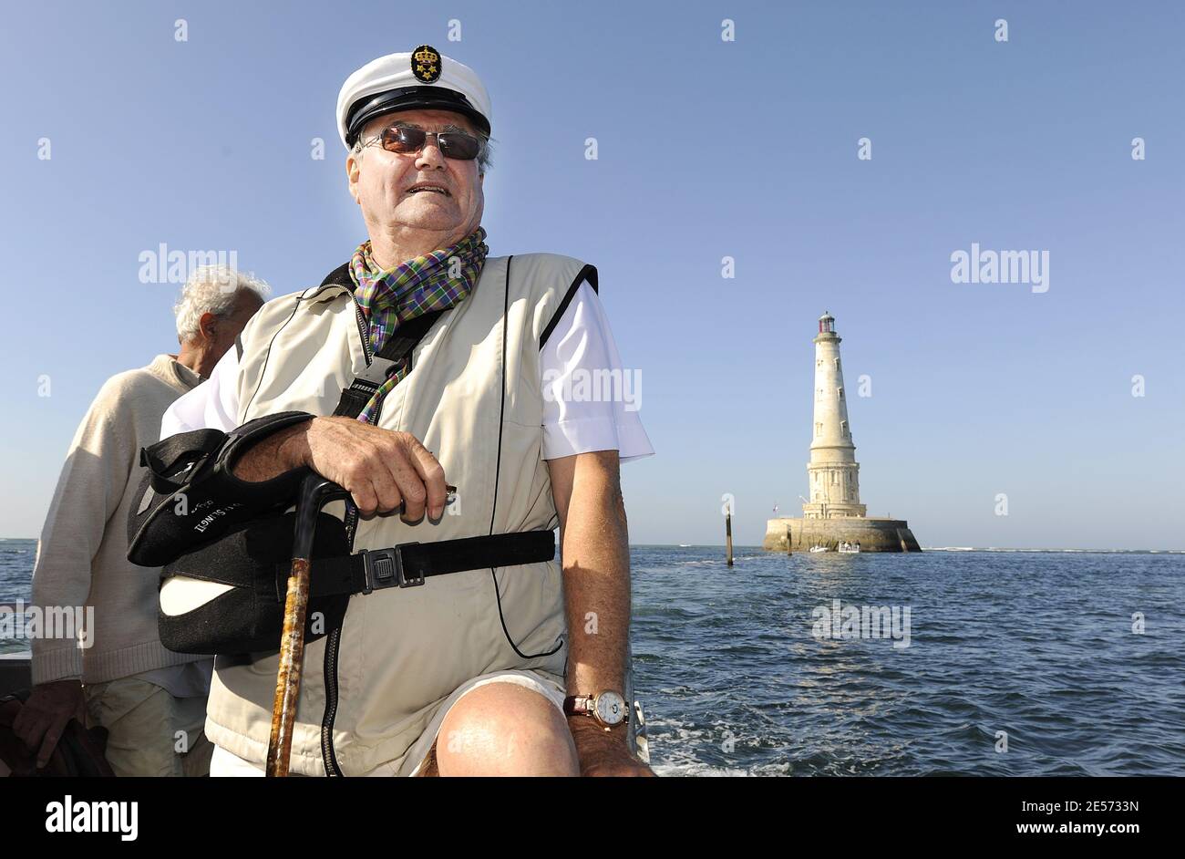 EXCLUSIVE. Denmark's Prince Henrik aboard royal yacht 'Dennebrog' after his  visit to Cordouan Lighthouse (in the background), off Royan, western France  on August 27, 2008. Cordouan is the oldest lighthouse in France,