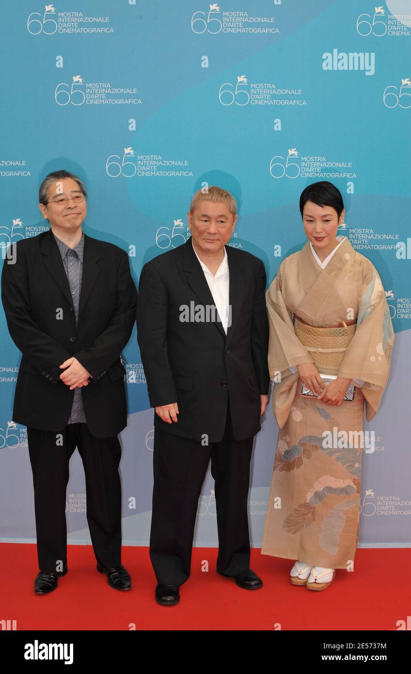 Producer Masayuki Mori, director Takeshi Kitano and actress Kanako Higuschi pose during a photocall for their movie 'Akires to Kame' during the 65th Mostra Venice Film Festival at Venice Lido in Venice, Italy on August 28, 2008. Photo by Thierry Orban/ABACAPRESS.COM Stock Photo