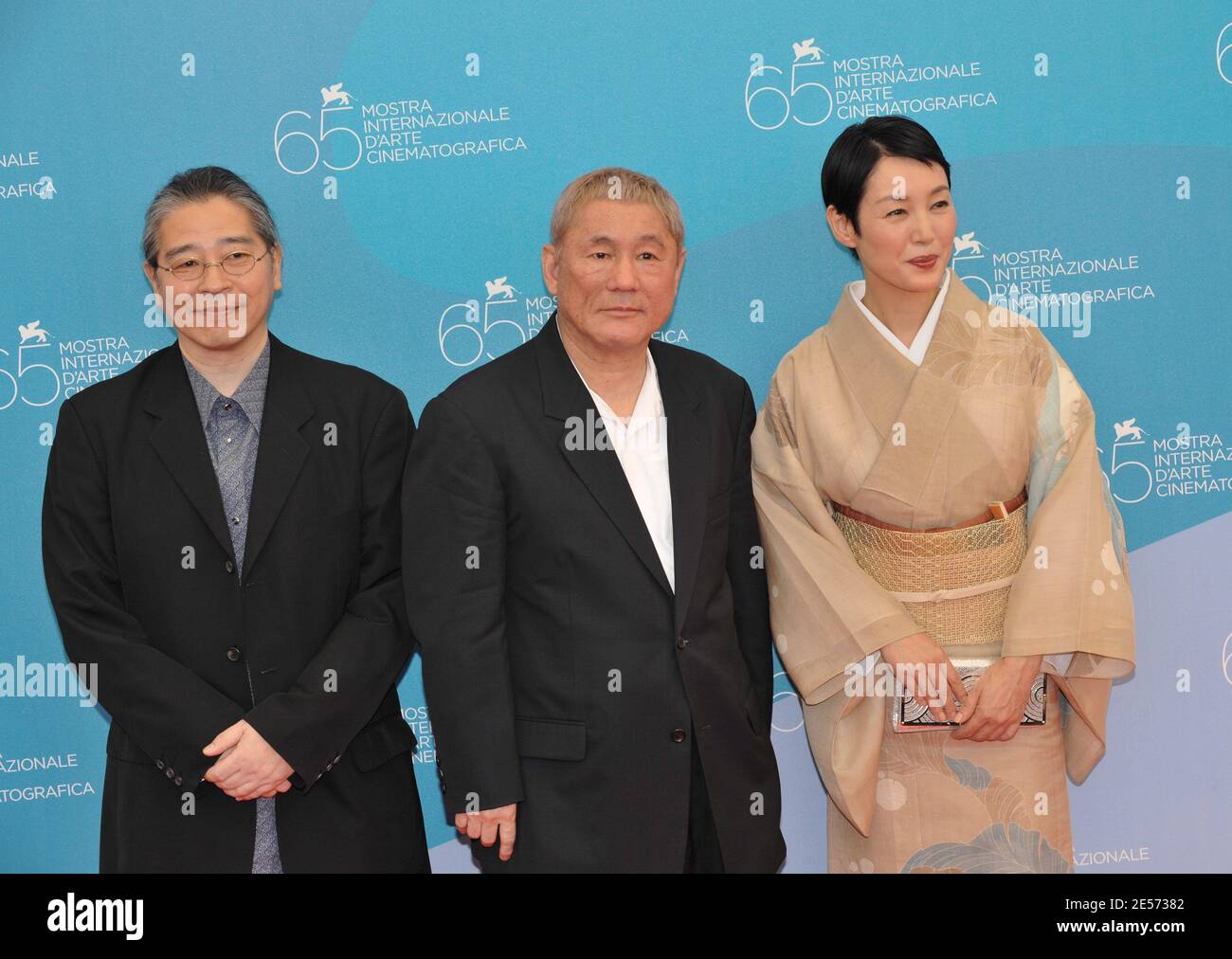 Producer Masayuki Mori, director Takeshi Kitano and actress Kanako Higuschi pose during a photocall for their movie 'Akires to Kame' during the 65th Mostra Venice Film Festival at Venice Lido in Venice, Italy on August 28, 2008. Photo by Thierry Orban/ABACAPRESS.COM Stock Photo