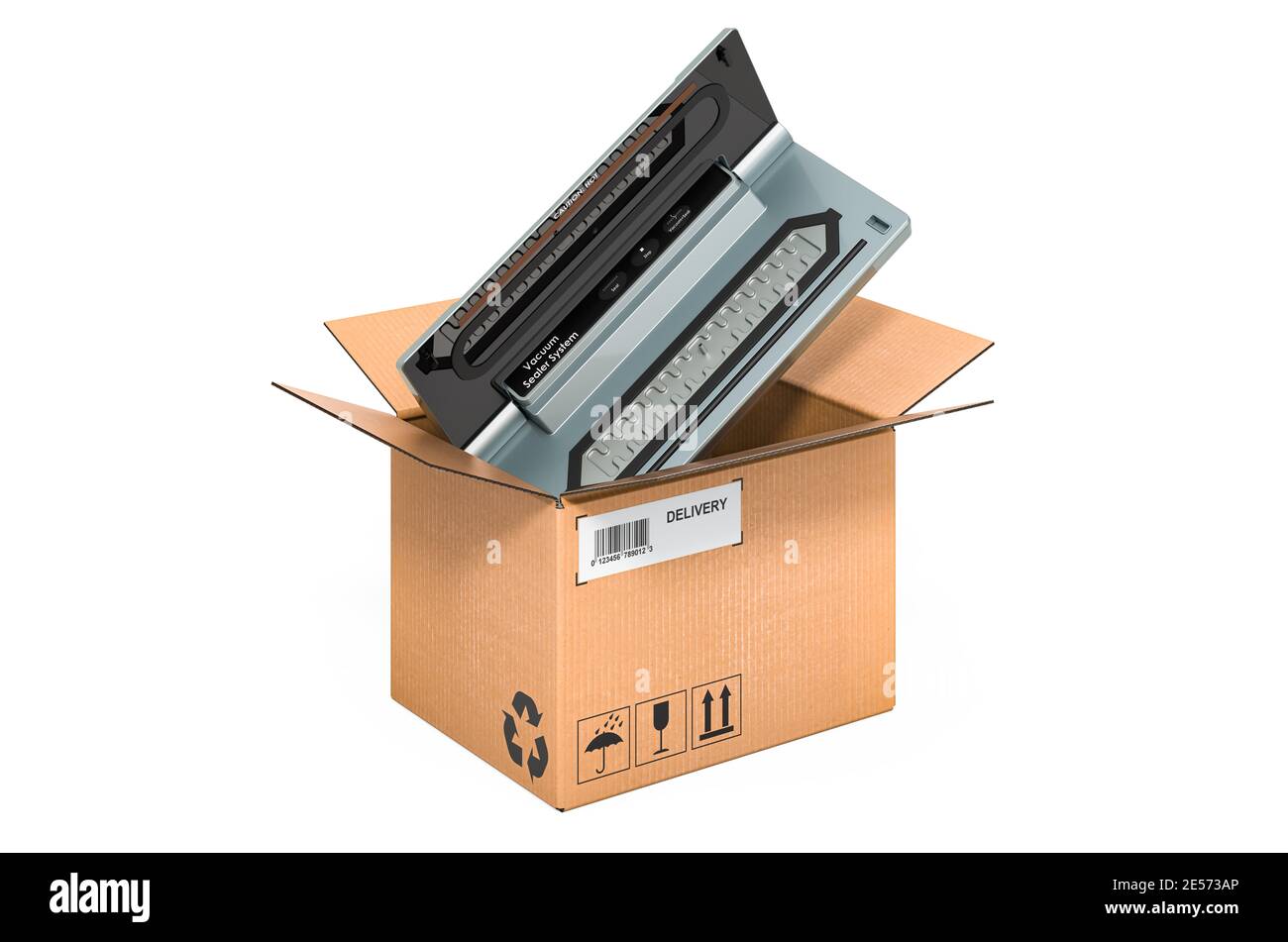 Vacuum sealer inside cardboard box, delivery concept. 3D rendering