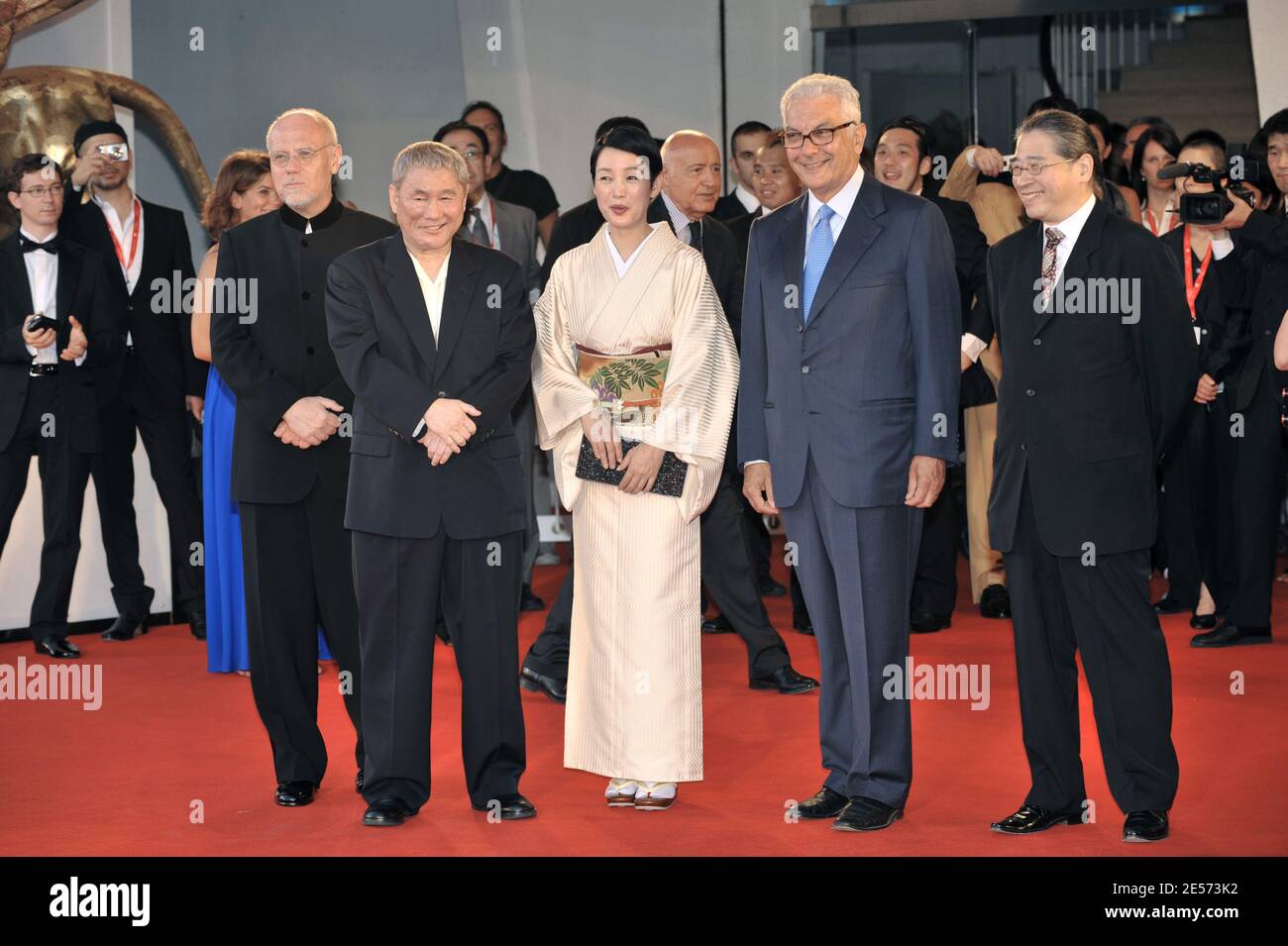 Marco Muller, Actress Kanako Higuchi, director Takeshi Kitano, Paolo Barratta, and producer Masayuki Mori arrive at the 'Achilles and the Tortoise' screening during the 65th Mostra Venice Film Festival at Sala Grande in Venice, Italy on August 28, 2008. Photo by Thierry Orban/ABACAPRESS.COM Stock Photo