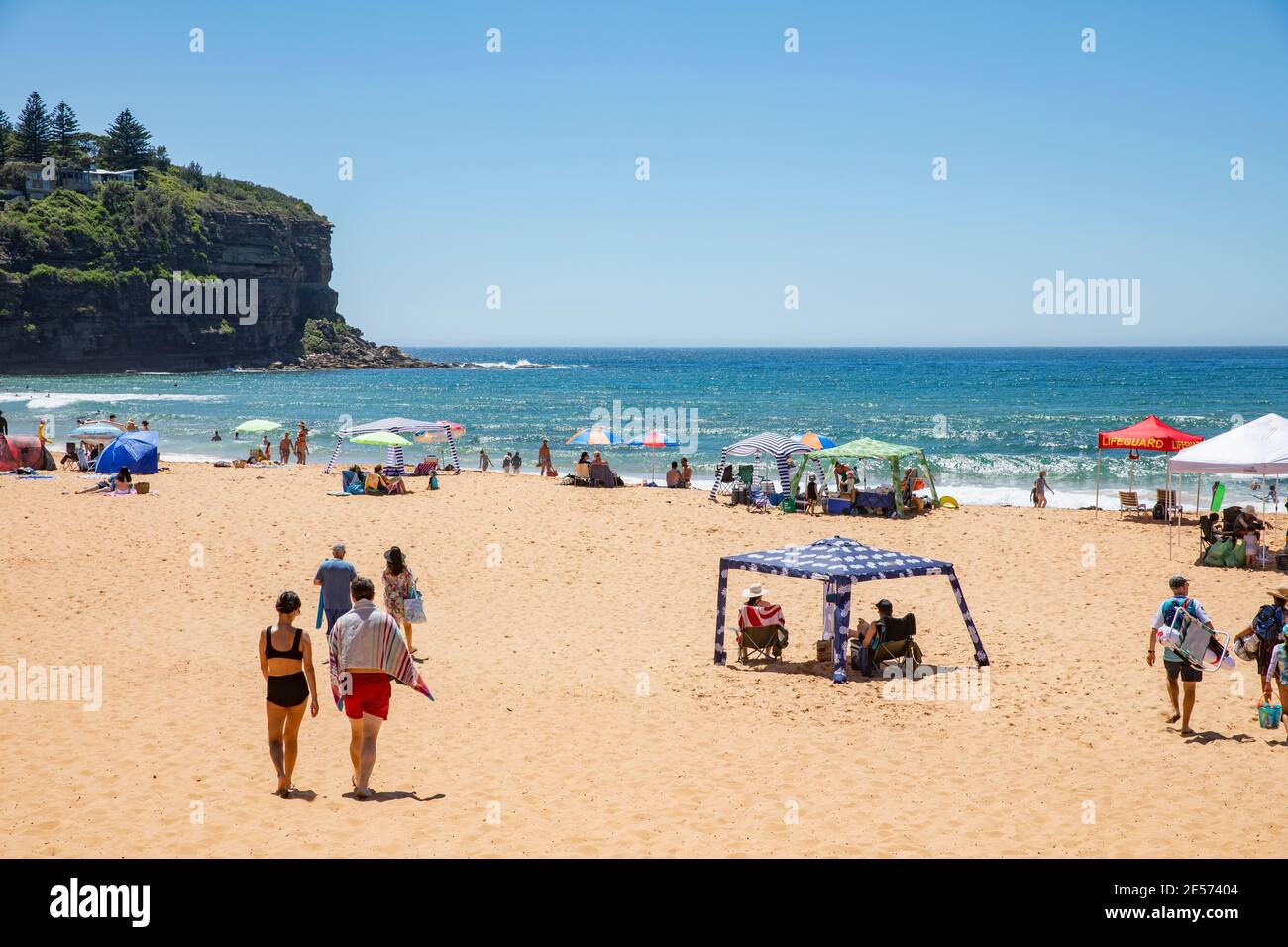 Beach cabana on Bilgola Beach in Sydney providing sun protection during hot australian summer,Sydney,Australia Stock Photo
