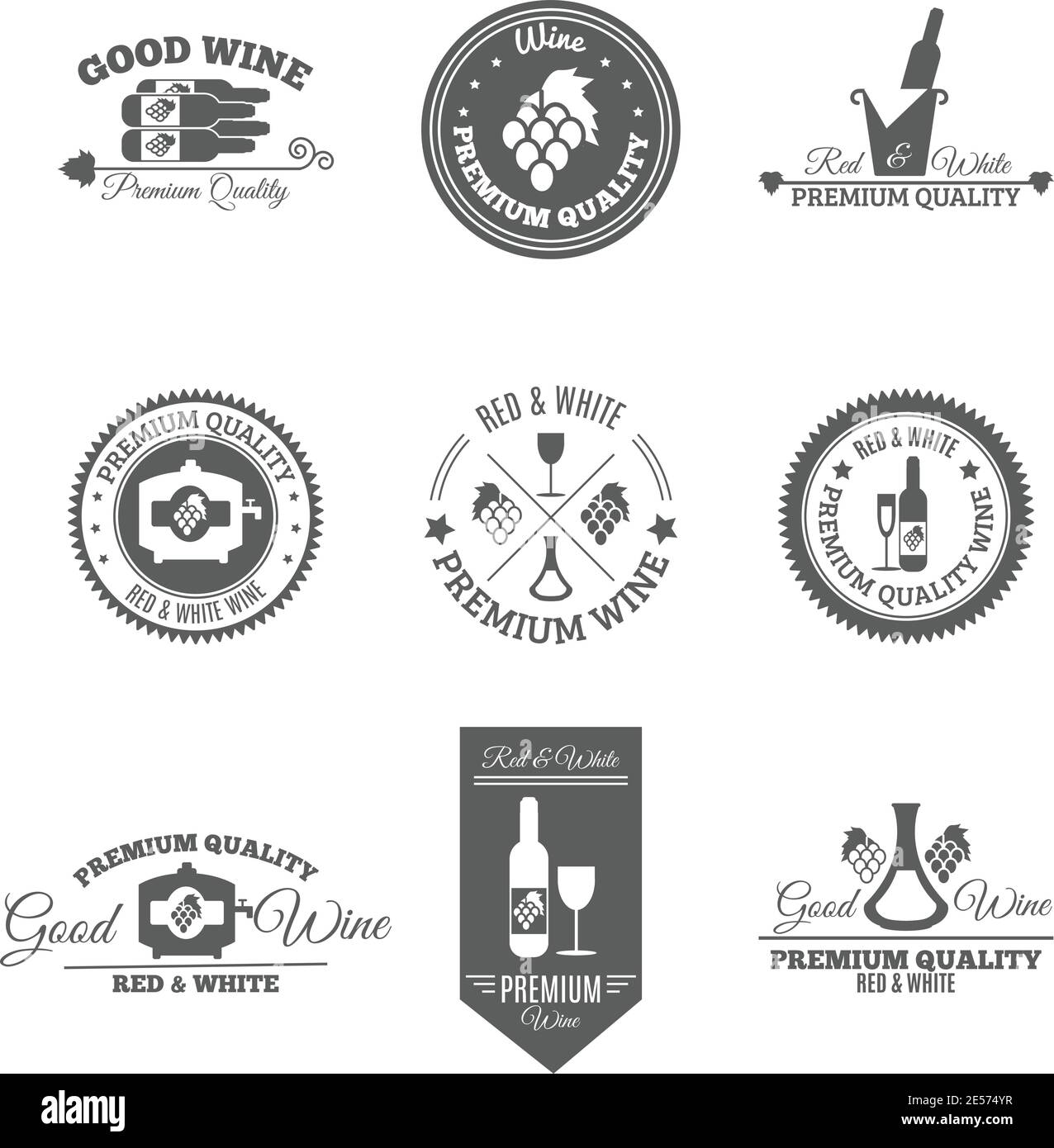 Wine premium and good quality text flat black emblems and labels set isolated vector illustration Stock Vector