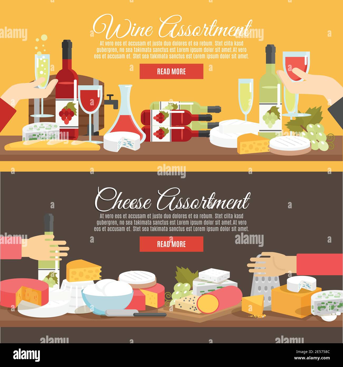 Cheese assortment and wine in bottles decanters and glasses flat color horizontal banner set isolated vector illustration Stock Vector