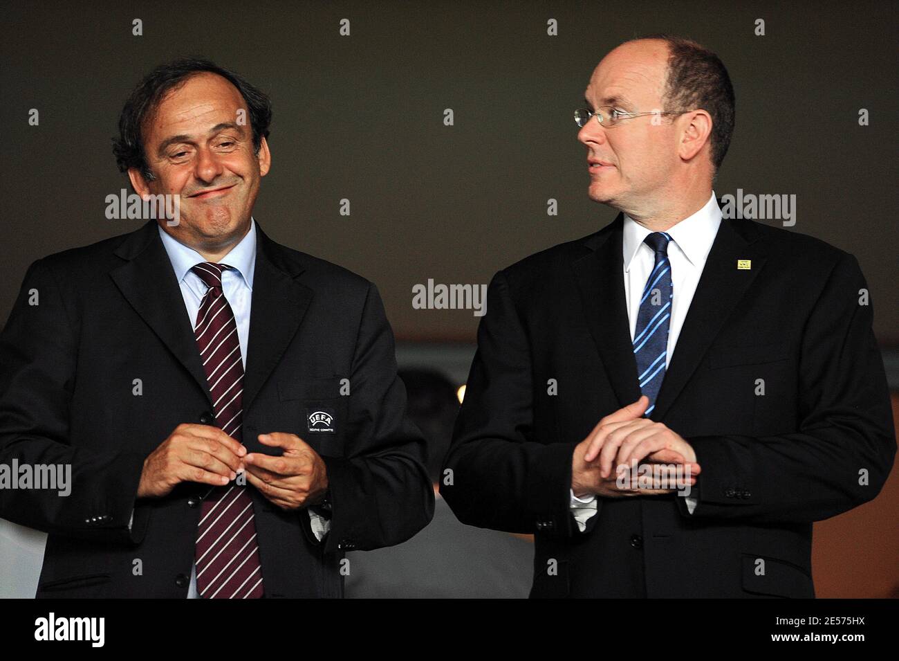 Michel Platini and Prince Albert II of Monaco attend the Manchester United v Zenit St Petersburg during the UEFA Super Cup Final at Stade Louis II in Monaco, on August 29, 2008. Photo by Steeve Mc May/Cameleon/ABACAPRESS.COM Stock Photo