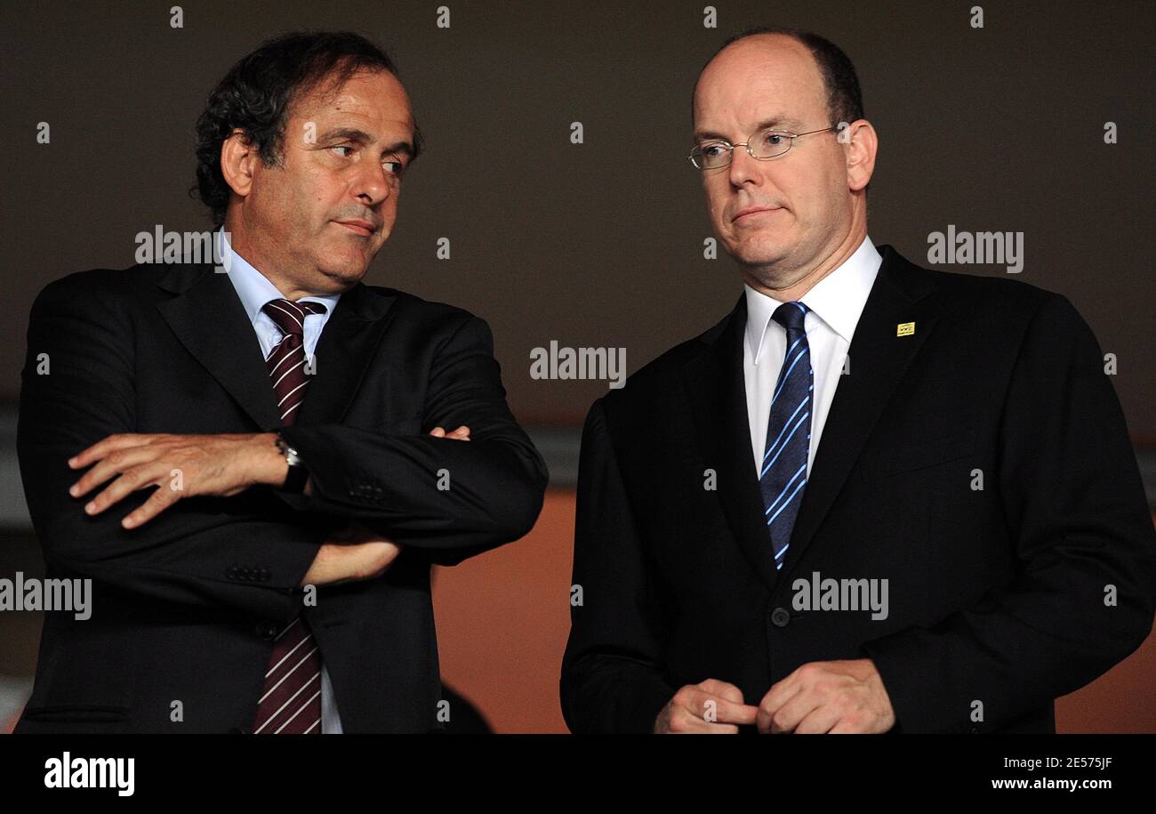 Michel Platini and Prince Albert II of Monaco attend the Manchester United v Zenit St Petersburg during the UEFA Super Cup Final at Stade Louis II in Monaco, on August 29, 2008. Photo by Steeve Mc May/Cameleon/ABACAPRESS.COM Stock Photo