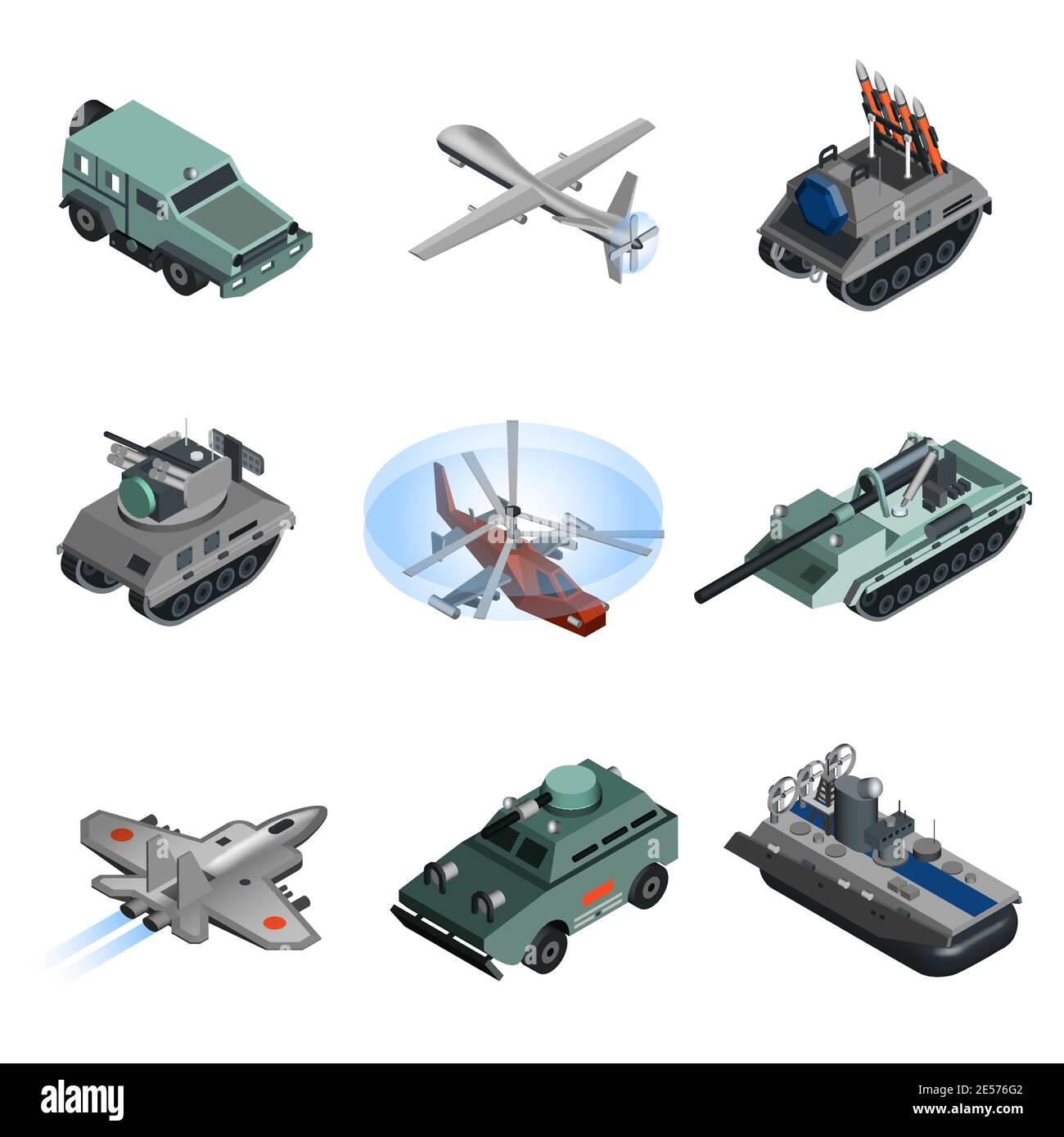 Military equipment isometric set with helicopter armoured vehicle truck isolated vector illustration Stock Vector