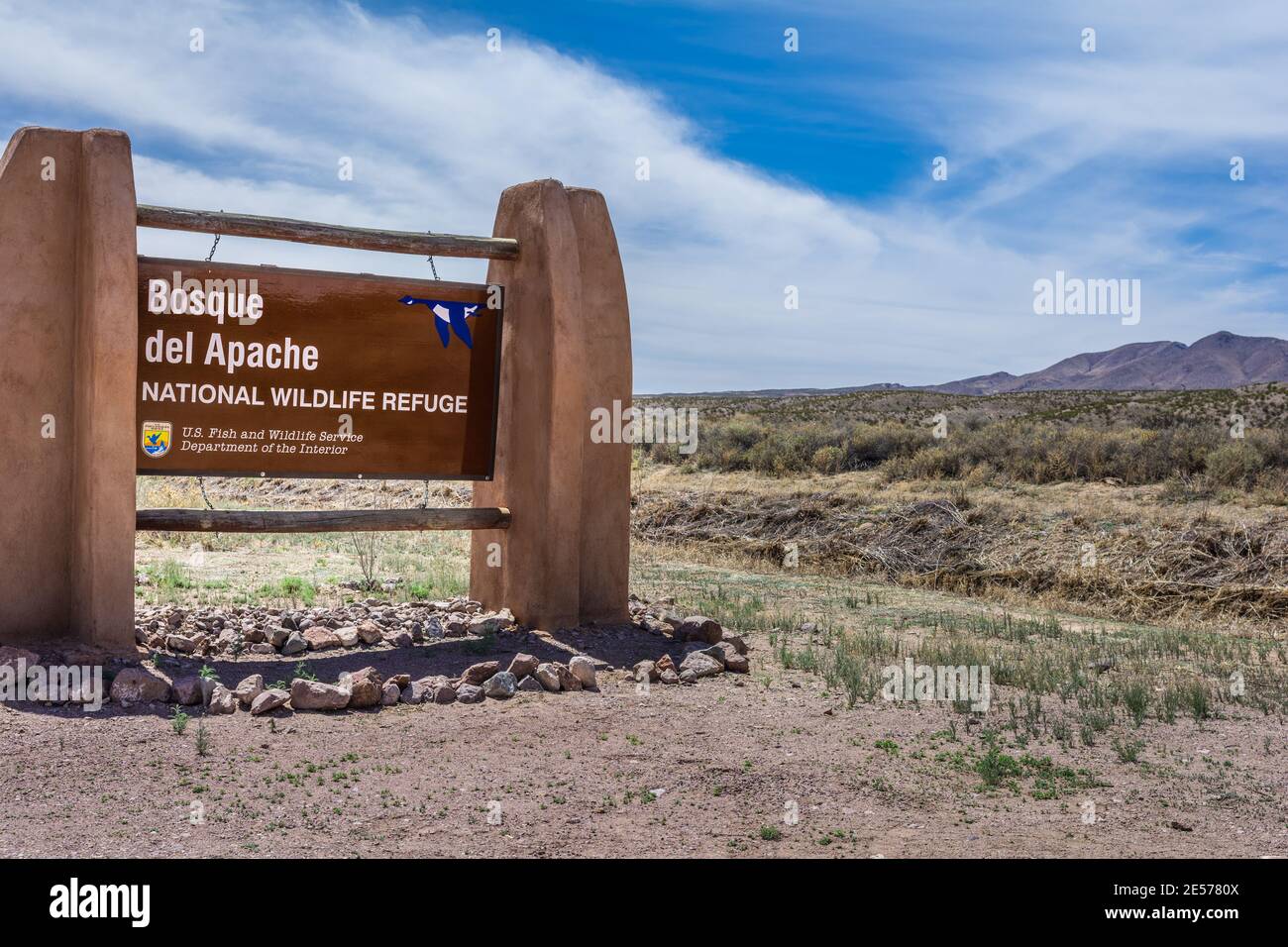 Bosque del Apache National Wildlife Refuge sign, New Mexico, USA. Stock Photo