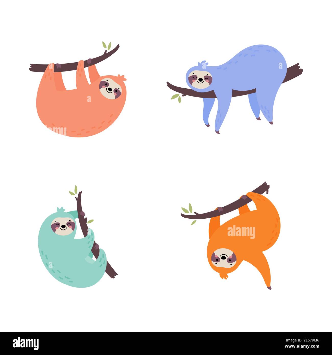 Set of cute hand drawn sloths hanging on the tree. Stock Vector