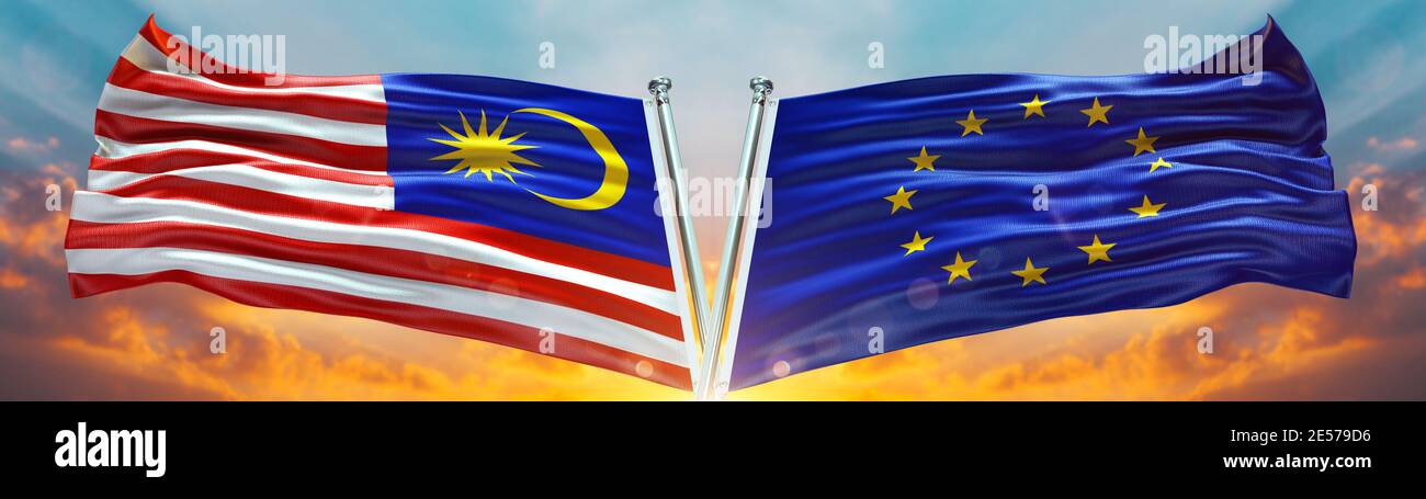 European Union Flag And Malaysia Flag Waving With Texture Sky Cloud And Sunset Double Flag Stock Photo Alamy