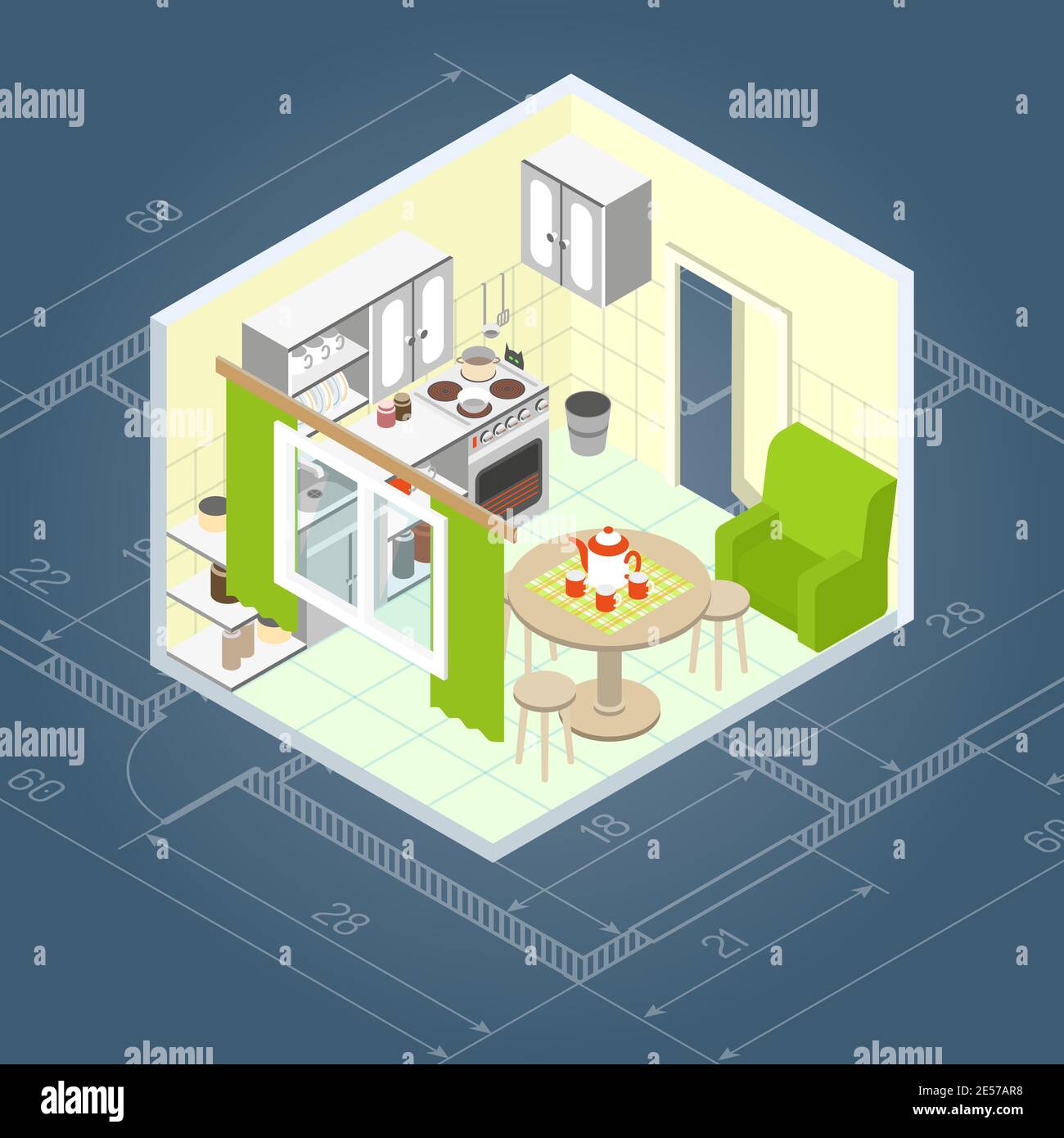 Kitchen interior isometric with 3d home furniture icons vector ...