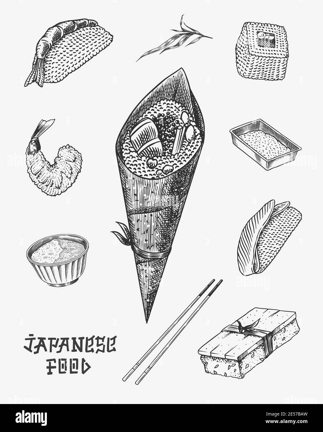 Japanese roll poster. Sushi bar, ramen noodles, soup in a bowl and dessert, Asian tea. Soy sauce. Hand holds chopsticks. Drawn engraved food sketch Stock Vector