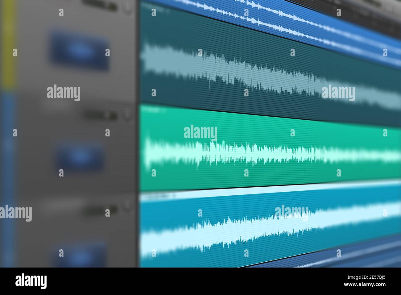 Image of multitrack sound audio wave on monitor. Recording, Mixing, and mastering in studio. Stock Photo