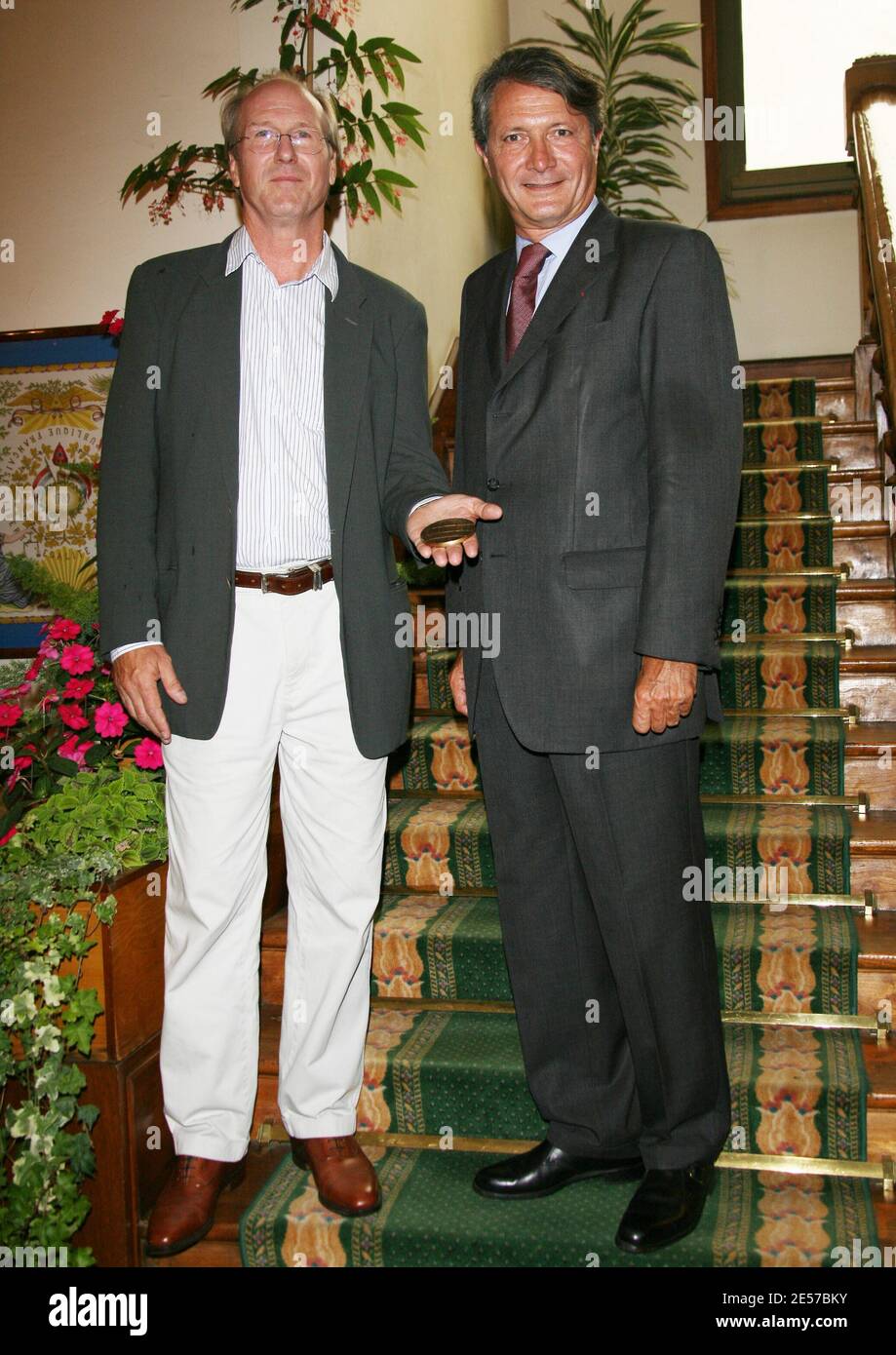 US actor William Hurt (L,) receives the medal of Deauville city 'Medaille de La Ville de Deauville' from by its mayor Philippe Augier, at Deauville's city hall, France, on September 11, 2008. Photo by Dennis Guignebourg/ABACAPRESS.COM Stock Photo