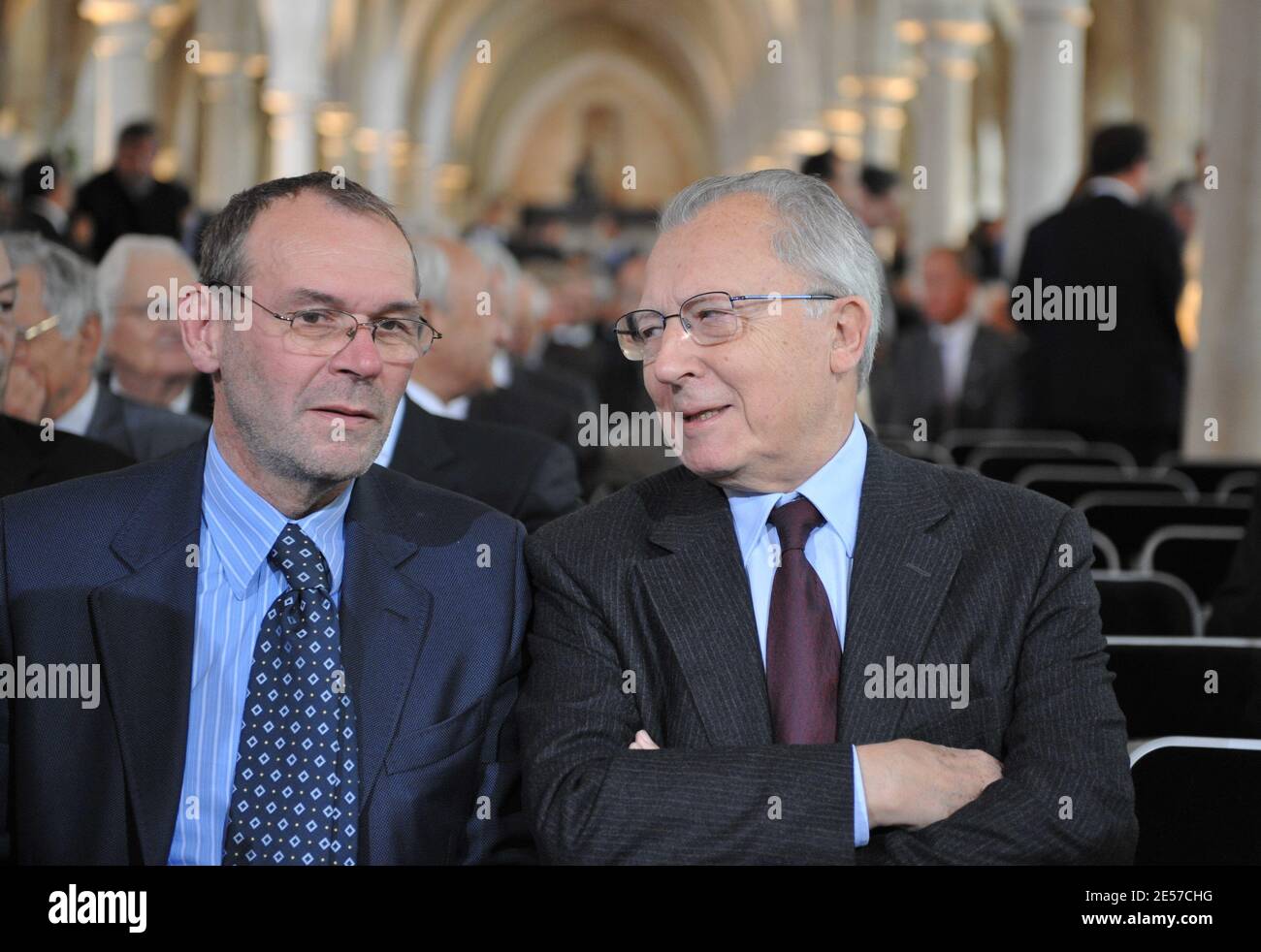 Jean-Jacques Aillagon and Jacques Delors (R) attending Pope Benedict XVI's  speach at Bernardins' college in Paris, France, on September 12, 2008, as a  part of his four-day visit to Paris and Lourdes.