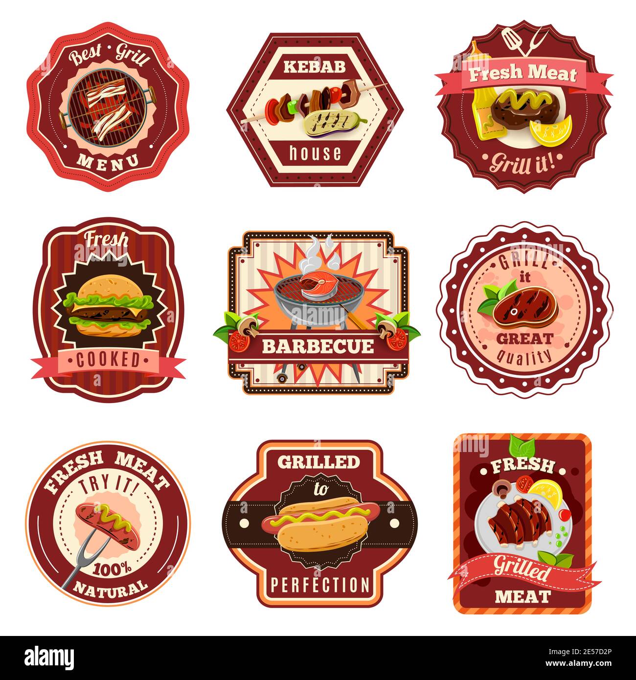 Barbecue and premium quality grill emblems set isolated vector ...