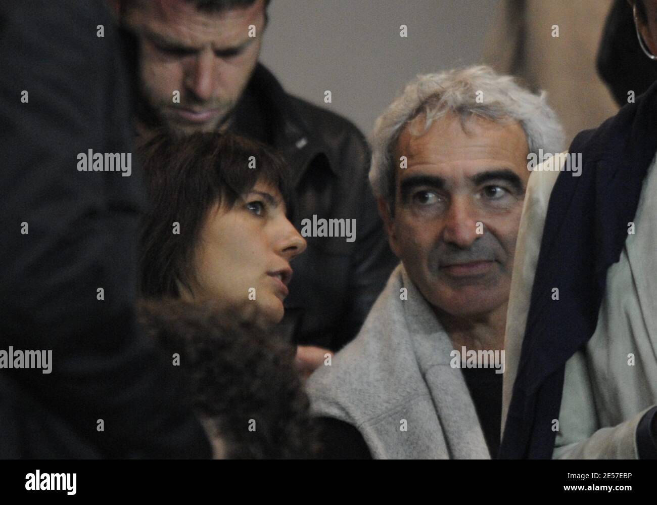 France's coach Raymond Domenech and his future wife Estelle Denis attend the French First soccer match, Paris Saint-Germain vs FC Nantes in Paris, France, on September 14, 2008. PSG won 1-0. Photo by Mehdi Taamallah/Cameleon/ABACAPRESS.COM Stock Photo