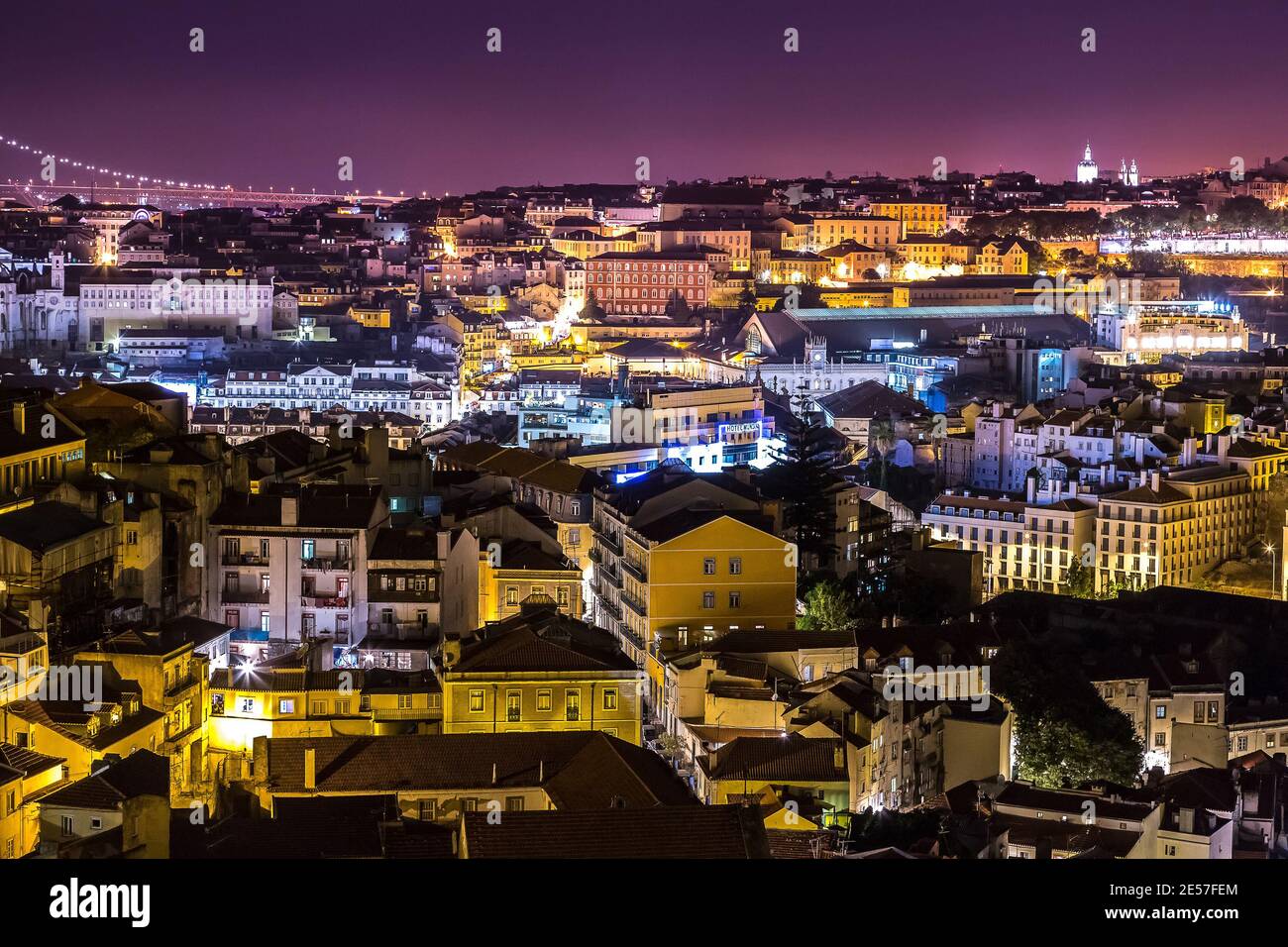 Aerial view of Lisbon at night, Portugal. Sao Jorge Castle Stock Photo