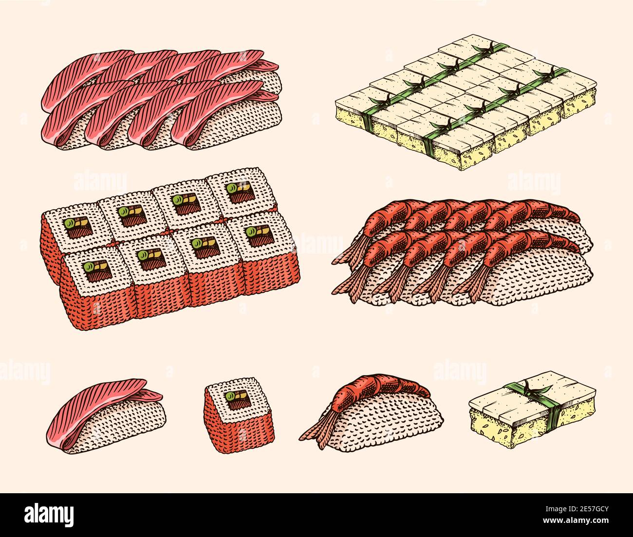 Japanese roll. Sushi bar. Hand holds chopsticks. Monochrome style. Drawn engraved sketch for menu. Asian food. Stock Vector