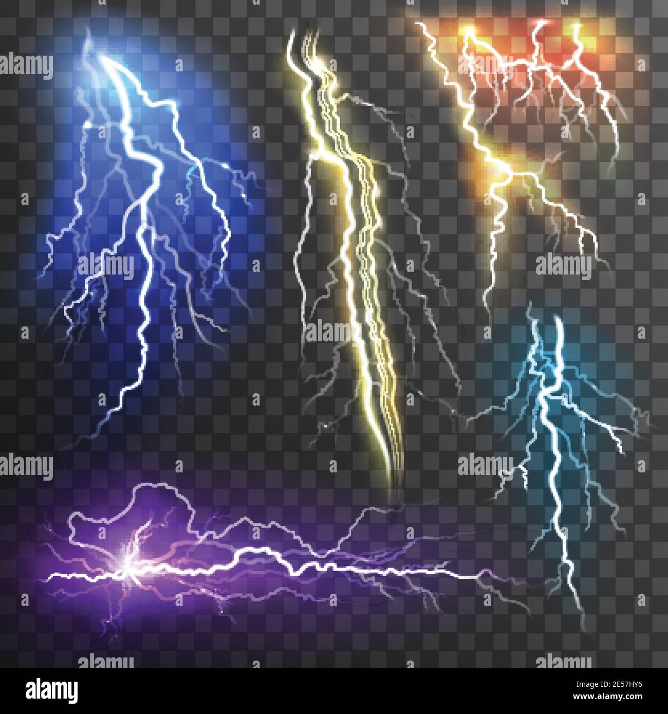 Lightning transparent set in different colors realistic isolated vector illustration Stock Vector