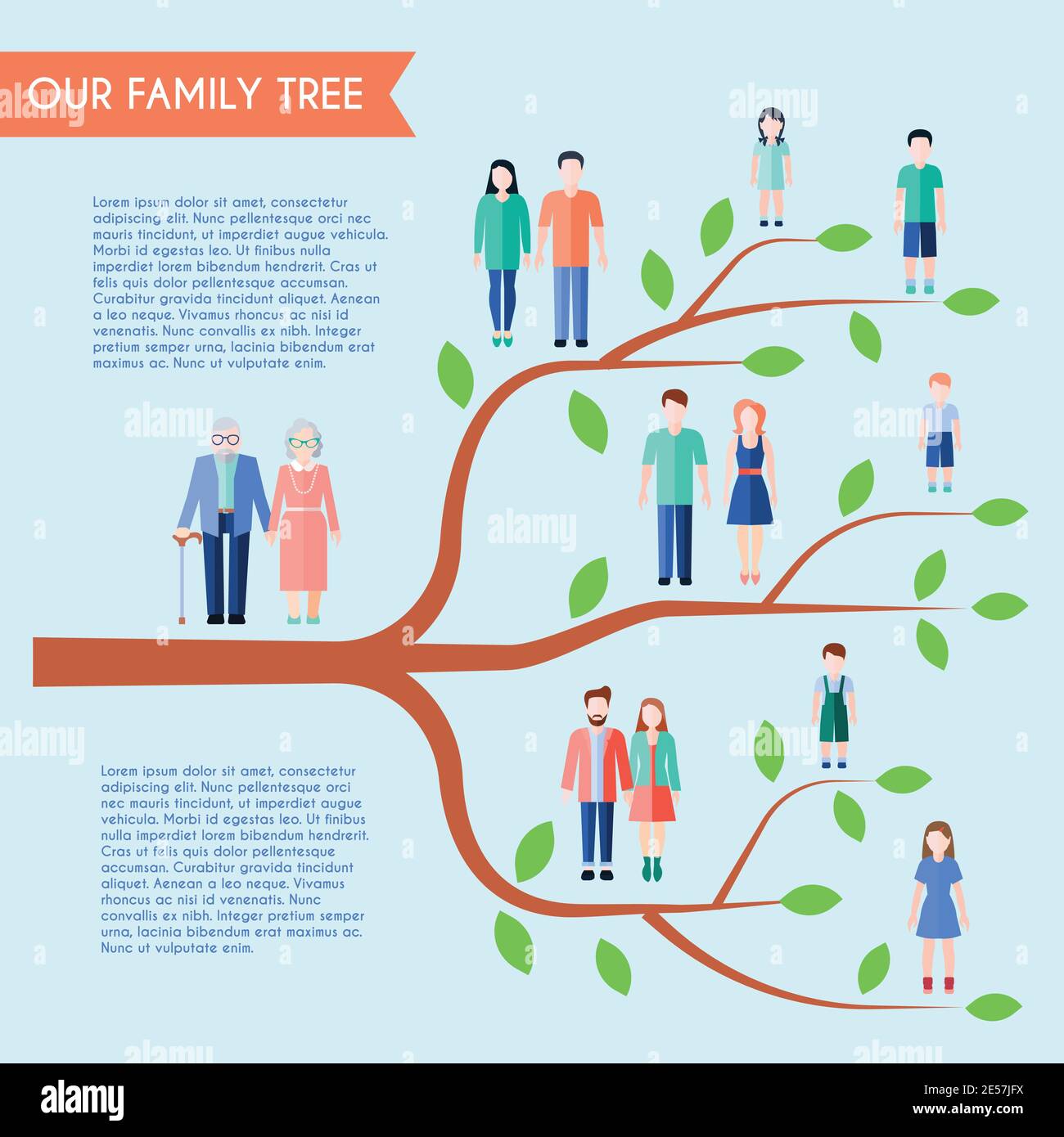 Flat style family poster with horizontal tree human figures and text on ...