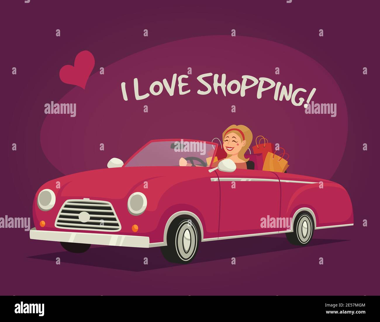 Woman driving shopping in a cabriolet on purple background cartoon vector illustration Stock Vector